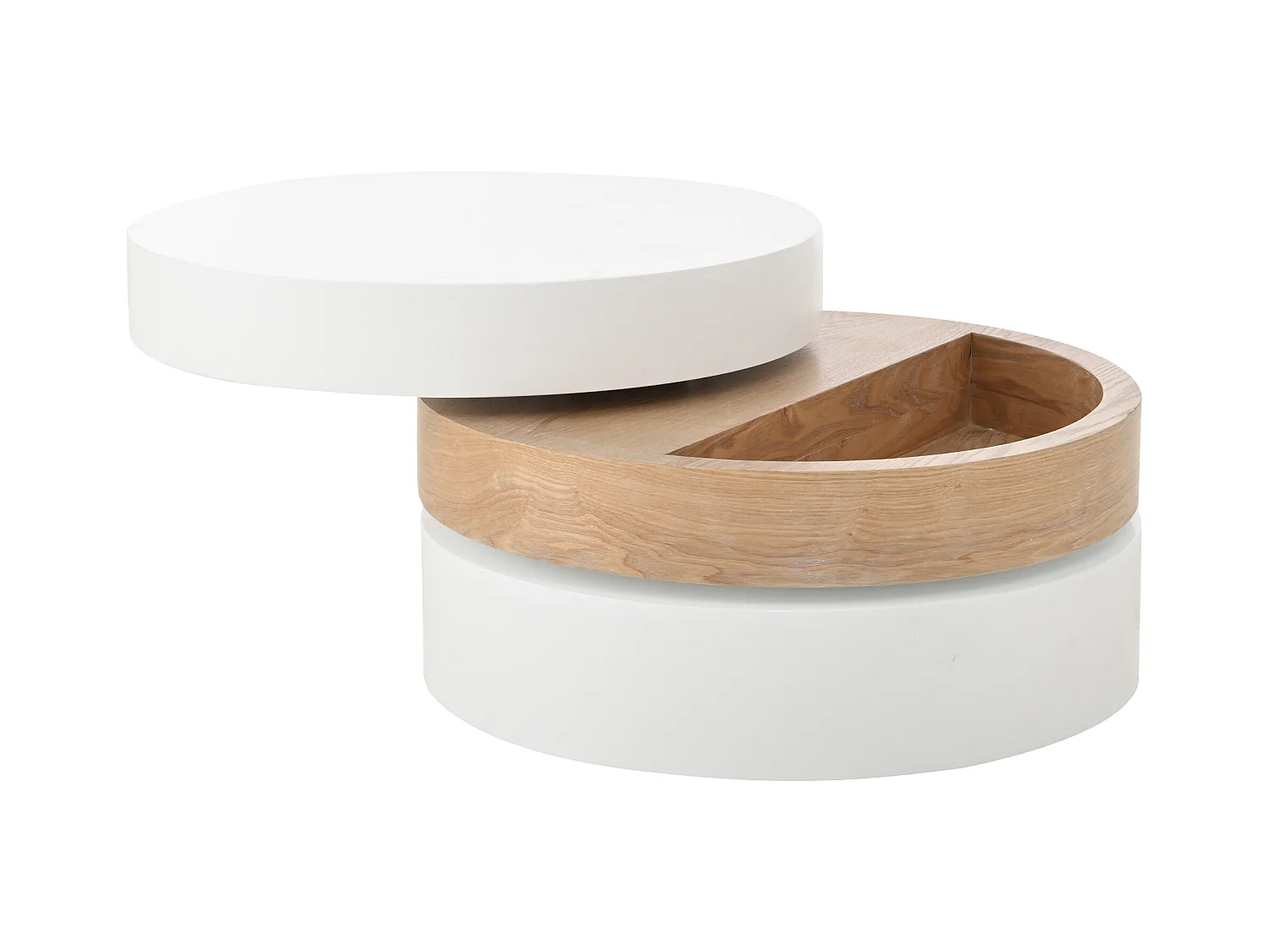 Runder Couchtisch – Dreistufiger Couchtisch mit Drehplatte – Weißes MDF – für das Wohnzimmer