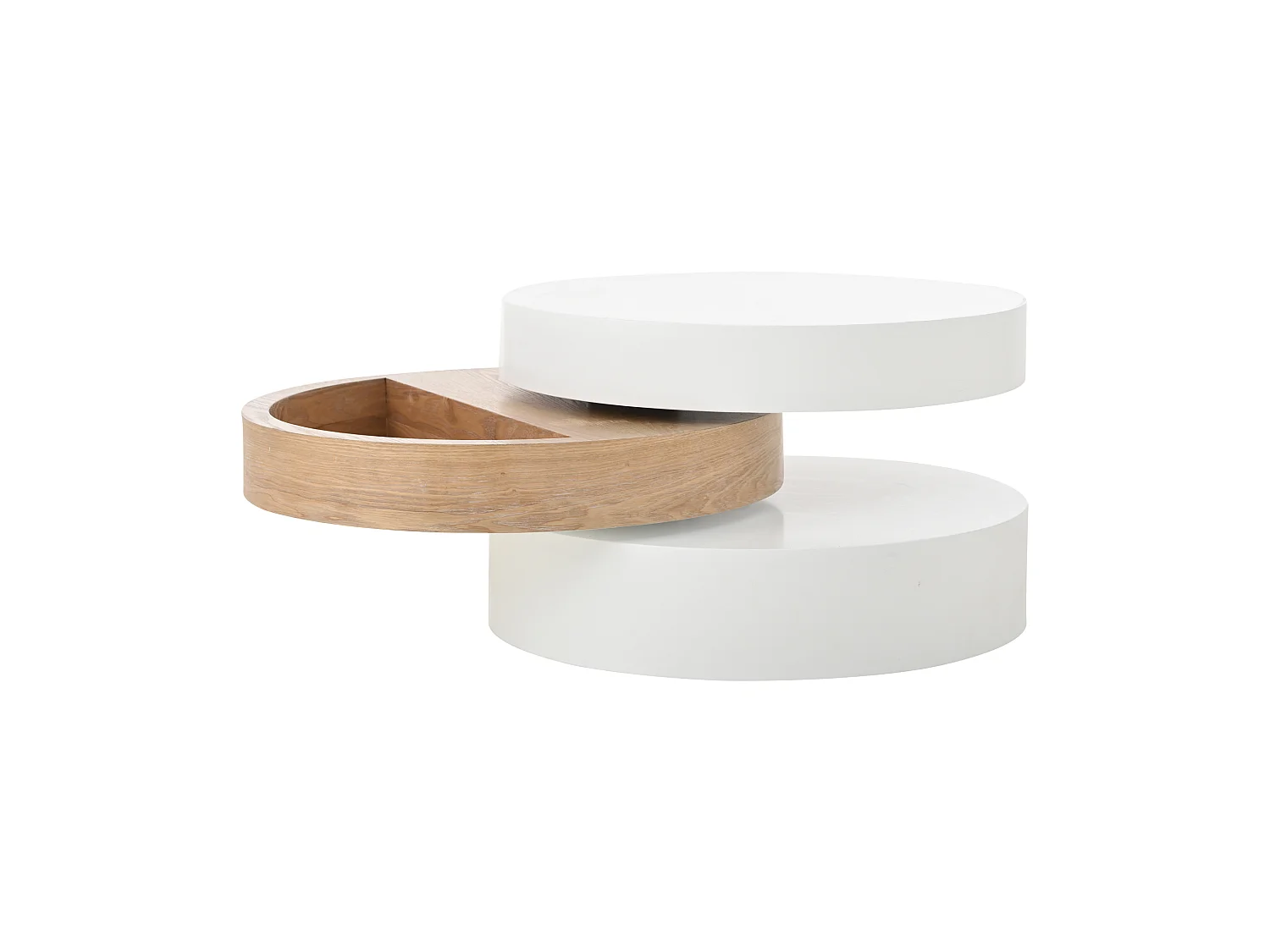 Runder Couchtisch – Dreistufiger Couchtisch mit Drehplatte – Weißes MDF – für das Wohnzimmer