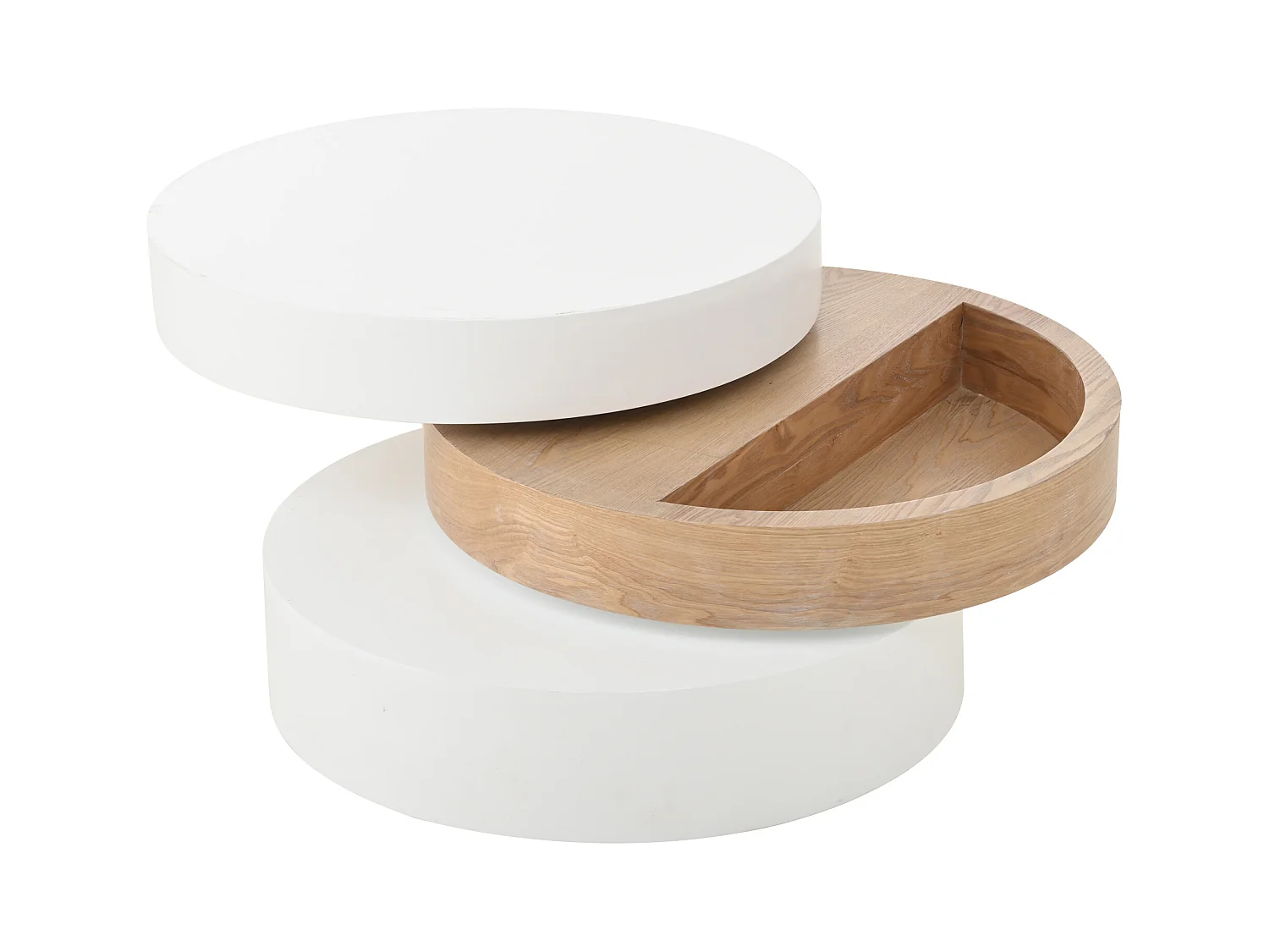 Runder Couchtisch – Dreistufiger Couchtisch mit Drehplatte – Weißes MDF – für das Wohnzimmer