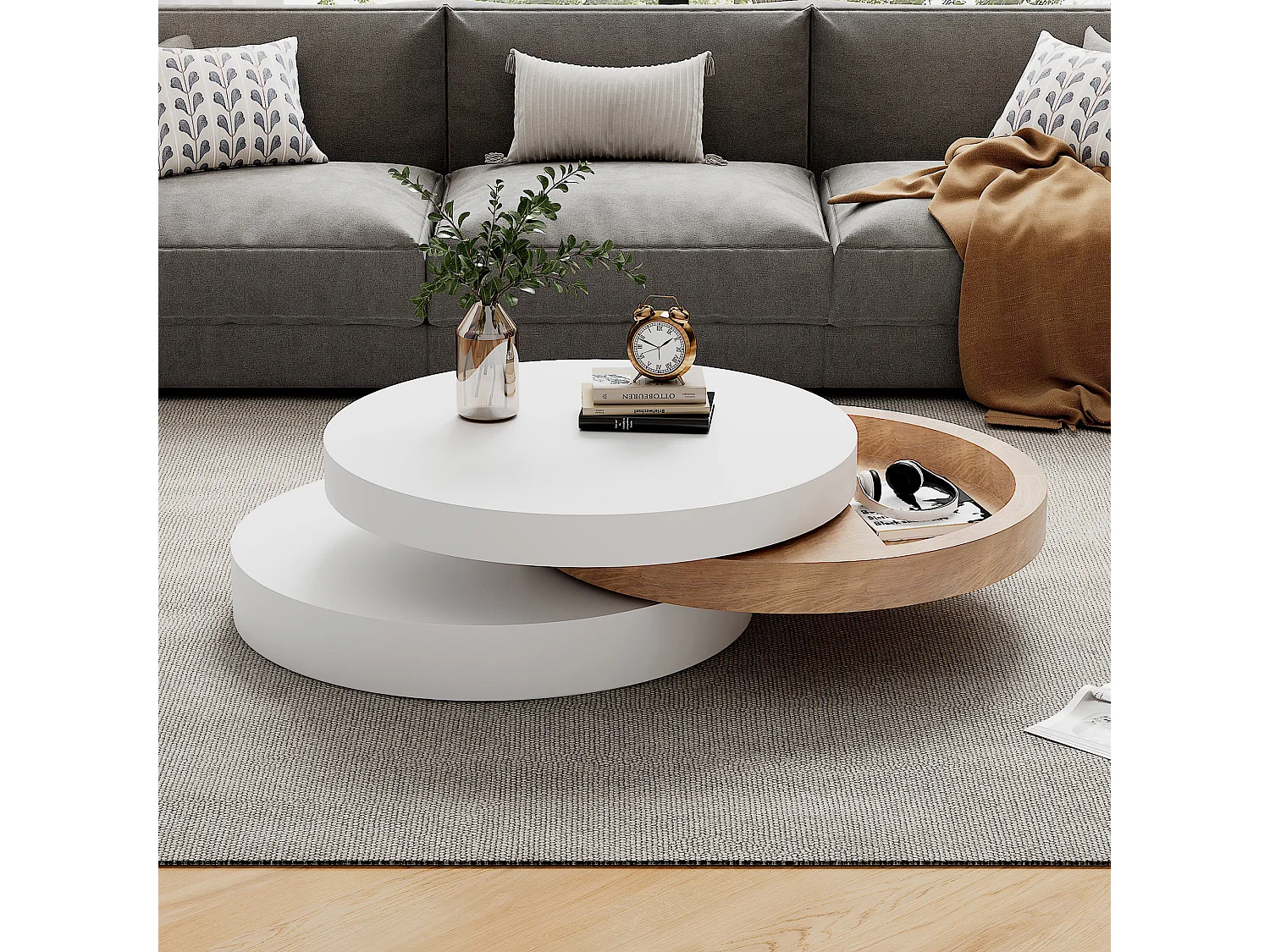 Runder Couchtisch – Dreistufiger Couchtisch mit Drehplatte – Weißes MDF – für das Wohnzimmer