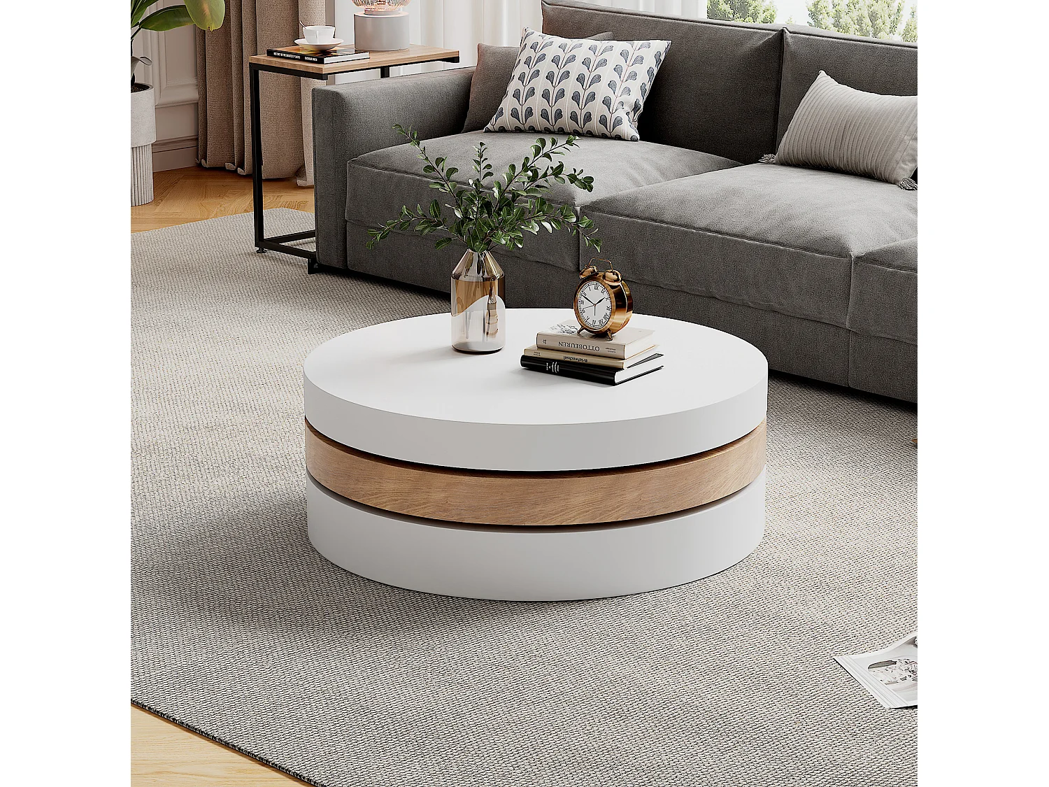 Runder Couchtisch – Dreistufiger Couchtisch mit Drehplatte – Weißes MDF – für das Wohnzimmer