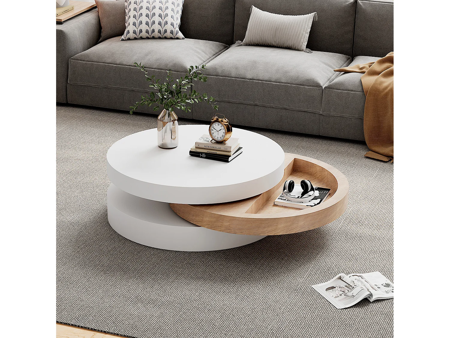 Runder Couchtisch – Dreistufiger Couchtisch mit Drehplatte – Weißes MDF – für das Wohnzimmer