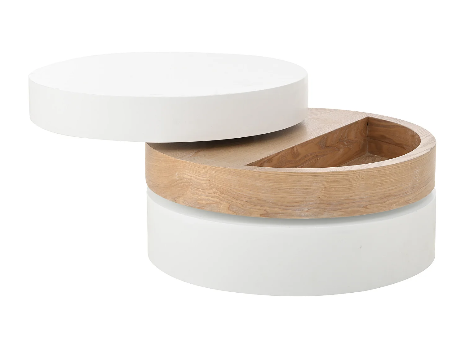 Runder Couchtisch – Dreistufiger Couchtisch mit Drehplatte – Weißes MDF – für das Wohnzimmer