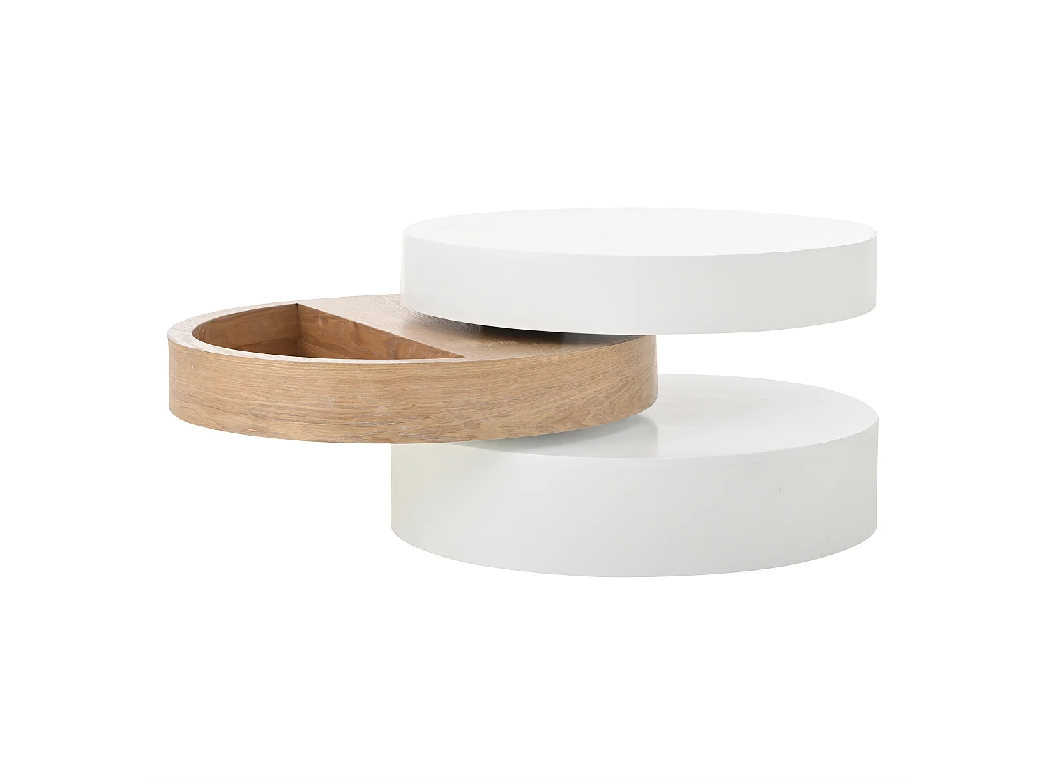 Runder Couchtisch – Dreistufiger Couchtisch mit Drehplatte – Weißes MDF – für das Wohnzimmer