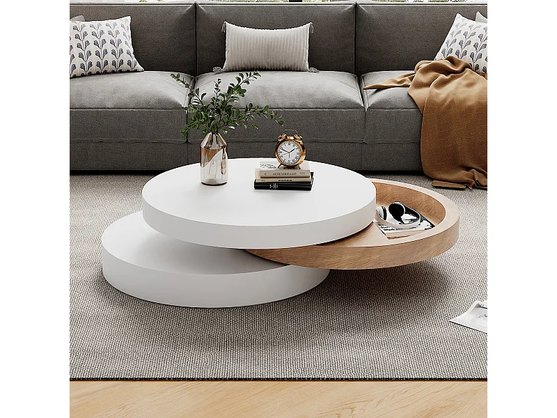 Runder Couchtisch – Dreistufiger Couchtisch mit Drehplatte – Weißes MDF – für das Wohnzimmer