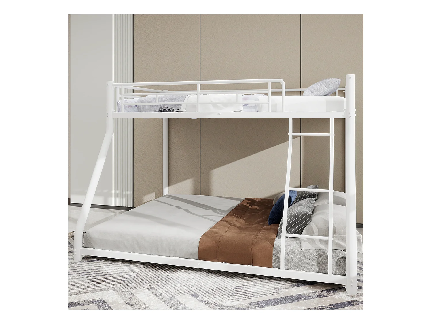 Lit superposé 90 x 190 cm et 140 x 190 cm - Lit enfant avec échelle et barrières de sécurité - métal blanc - sans matelas