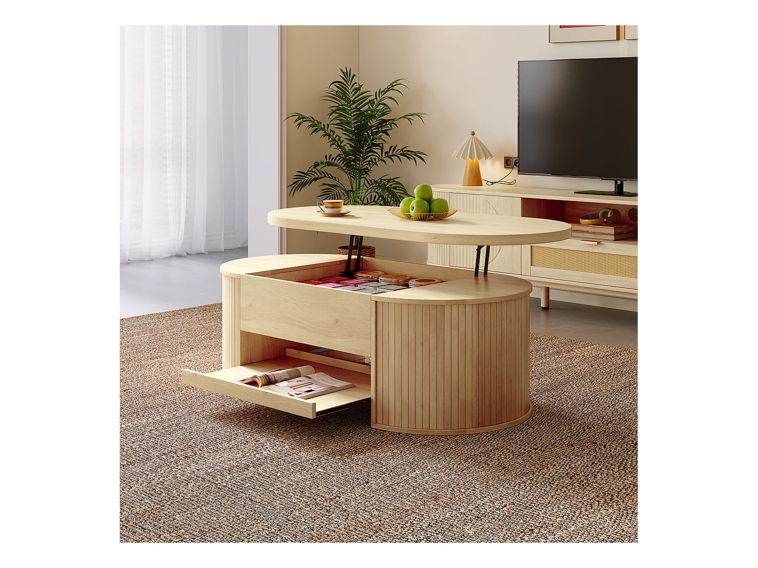 Table basse relevable - Table basse avec étagères rétractables et plateau relevable - bois - pour salon