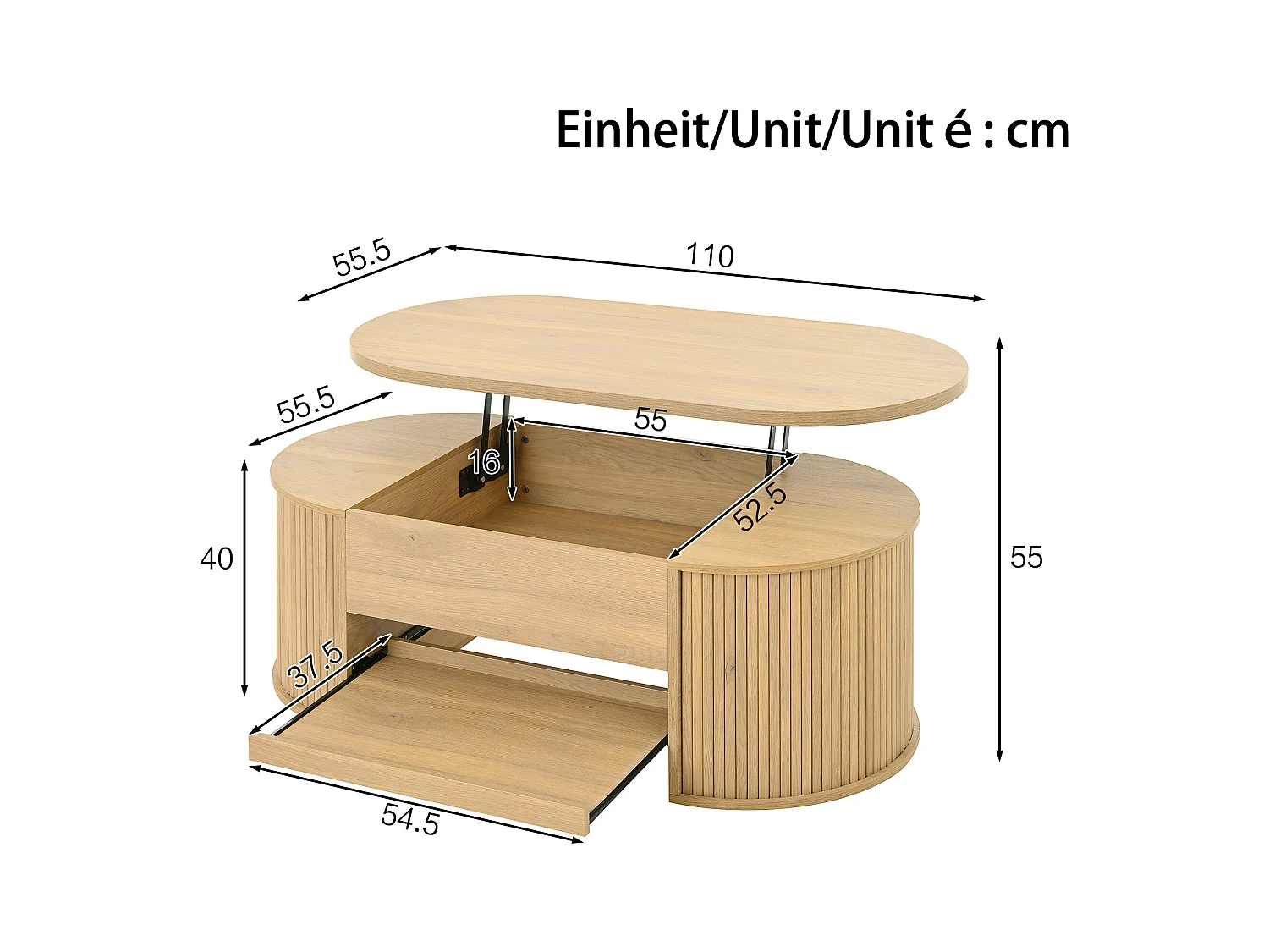 Table basse relevable - Table basse avec étagères rétractables et plateau relevable - bois - pour salon