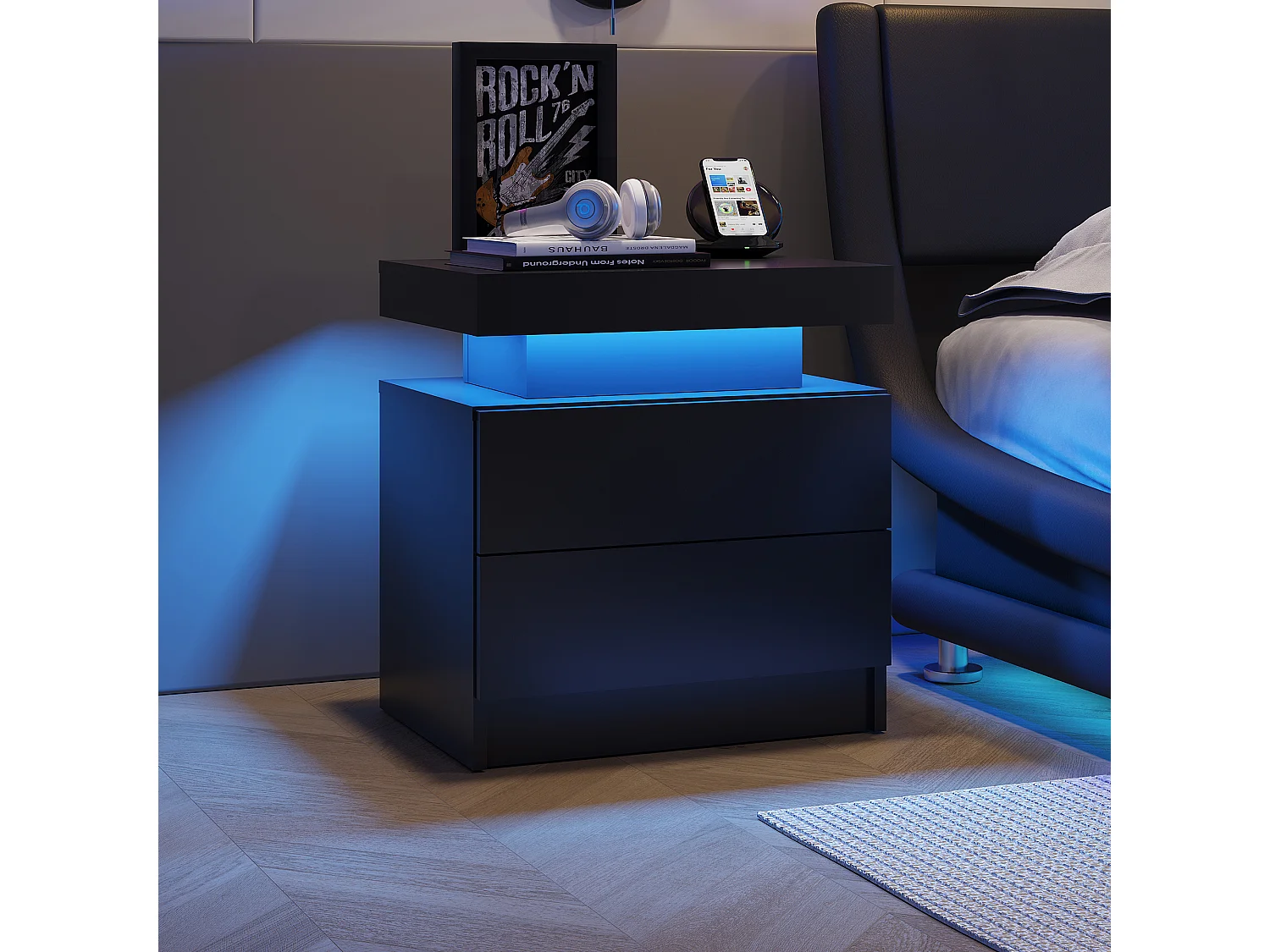 Mesita de noche con 2 cajones - Mesita de noche con iluminación LED - Negra - Para dormitorio y sala de estar