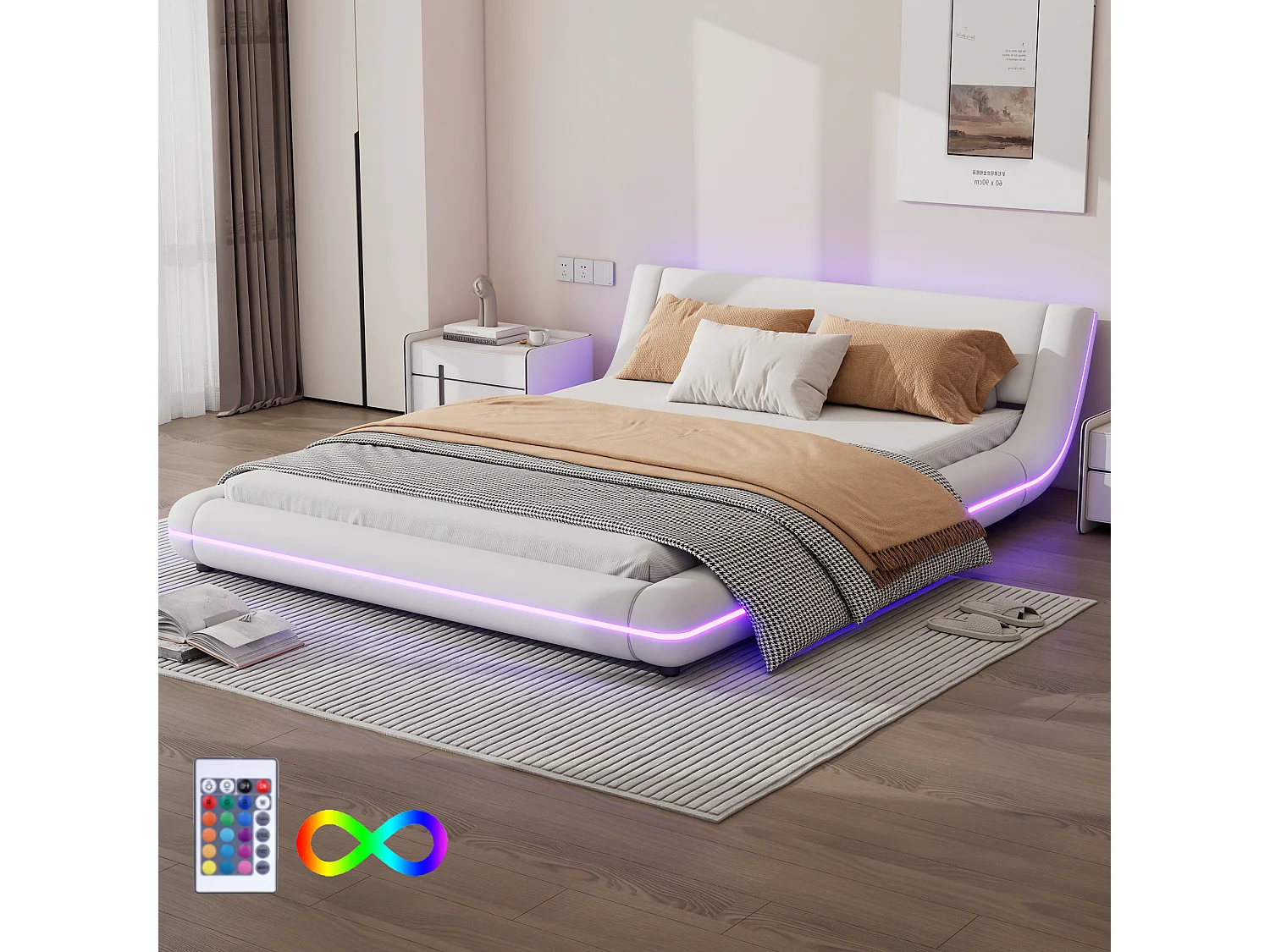 Lit adulte 140 x 200 cm - Lit double avec éclairage LED et télécommande 24 boutons - PU blanc - sans matelas