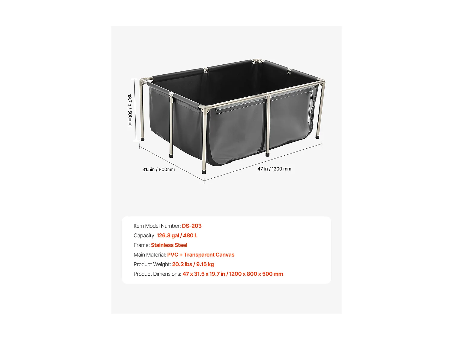 Estanque para Peces SucceBuy de Lona, Acuario 480 L, Acuario para Koi en PVC con Ventana de Observación, Acuario para Peces Dorados con Marco de Acero Inoxidable