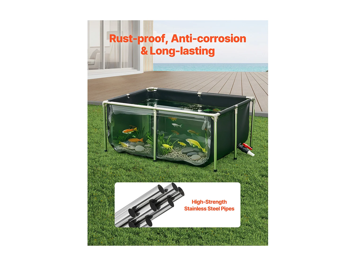 Estanque para Peces SucceBuy de Lona, Acuario 480 L, Acuario para Koi en PVC con Ventana de Observación, Acuario para Peces Dorados con Marco de Acero Inoxidable