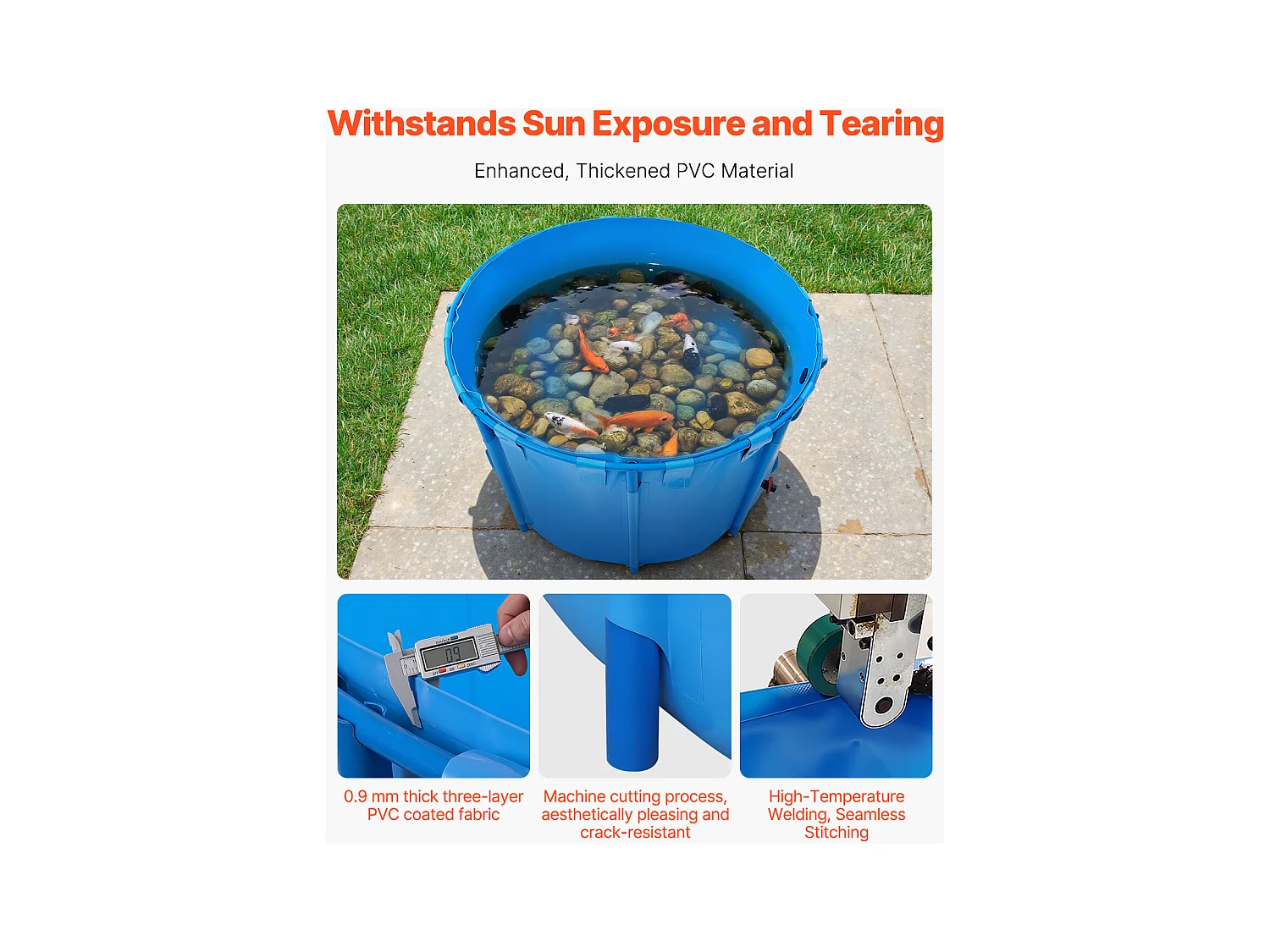 Bassin à Poissons SucceBuy Pliable en Toile, Capacité 1700 L, Aquarium Rond en PVC avec Cadre Robuste et Vanne de Vidange, Idéal pour l'Élevage de Koïs