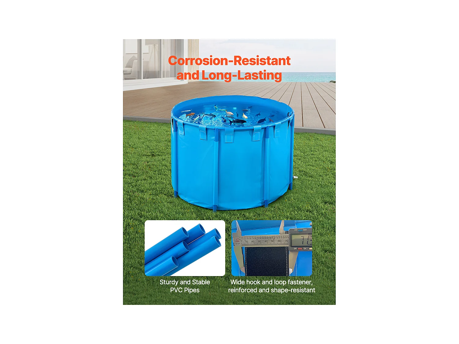 Bassin à Poissons SucceBuy Pliable en Toile, Capacité 1700 L, Aquarium Rond en PVC avec Cadre Robuste et Vanne de Vidange, Idéal pour l'Élevage de Koïs