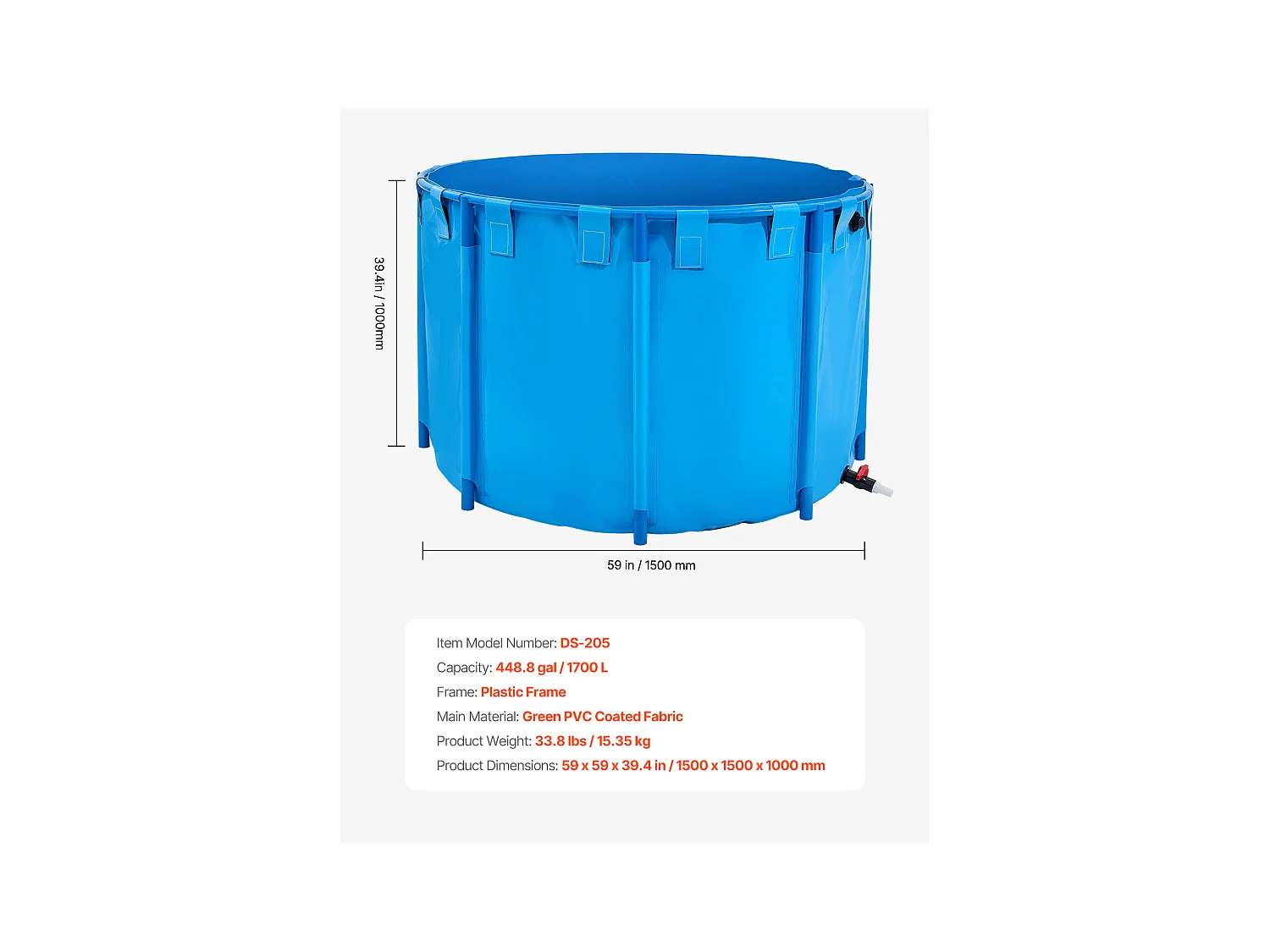 Klappbares Fischbecken SucceBuy aus Plane, Kapazität 1700 L, Rundes PVC-Aquarium mit Robustem Rahmen und Ablassventil, Ideal für Koi-Zucht