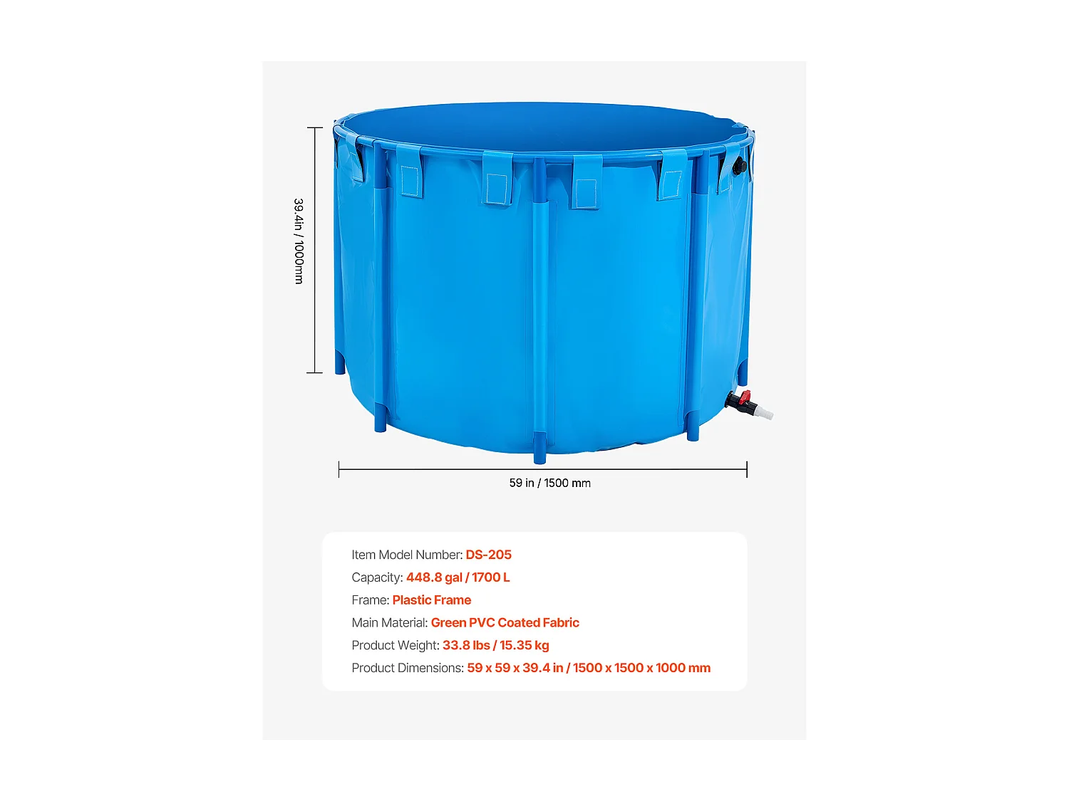 Tanque para Peixes SucceBuy Dobrável em Lona, Capacidade 1700 L, Aquário Redondo em PVC com Moldura Resistente e Válvula de Dreno, Ideal para Criação de Koi