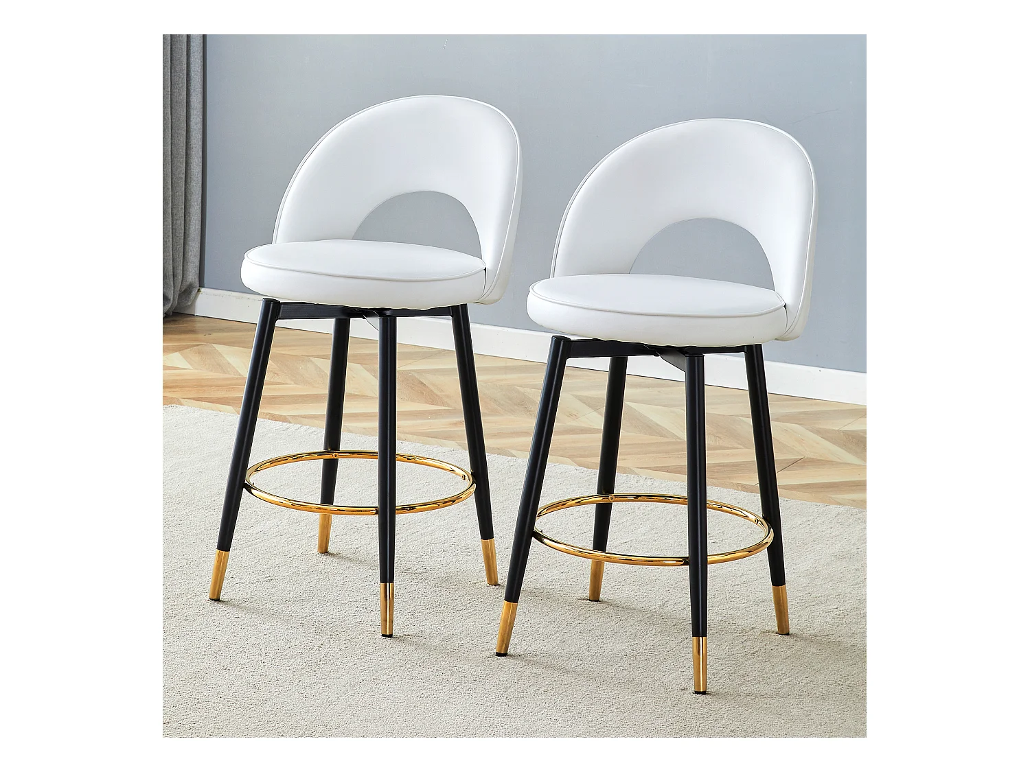 Lot de 2 tabourets de bar - Tabouret de bar pivotant avec dossier et repose-pieds en métal - blanc PU - pour salles à manger et terrasses