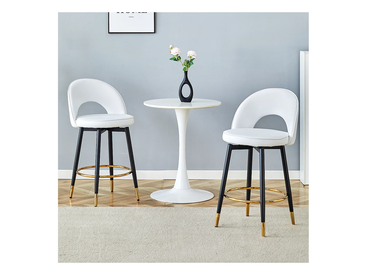Lot de 2 tabourets de bar - Tabouret de bar pivotant avec dossier et repose-pieds en métal - blanc PU - pour salles à manger et terrasses
