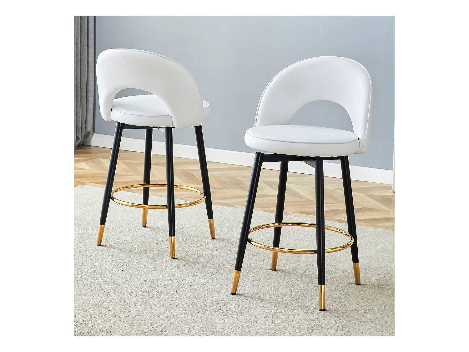 Lot de 2 tabourets de bar - Tabouret de bar pivotant avec dossier et repose-pieds en métal - blanc PU - pour salles à manger et terrasses