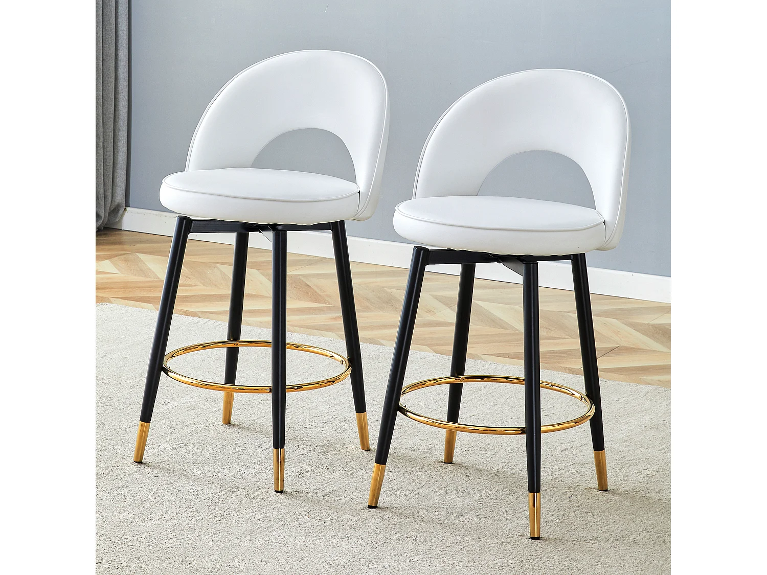 Lot de 2 tabourets de bar - Tabouret de bar pivotant avec dossier et repose-pieds en métal - blanc PU - pour salles à manger et terrasses