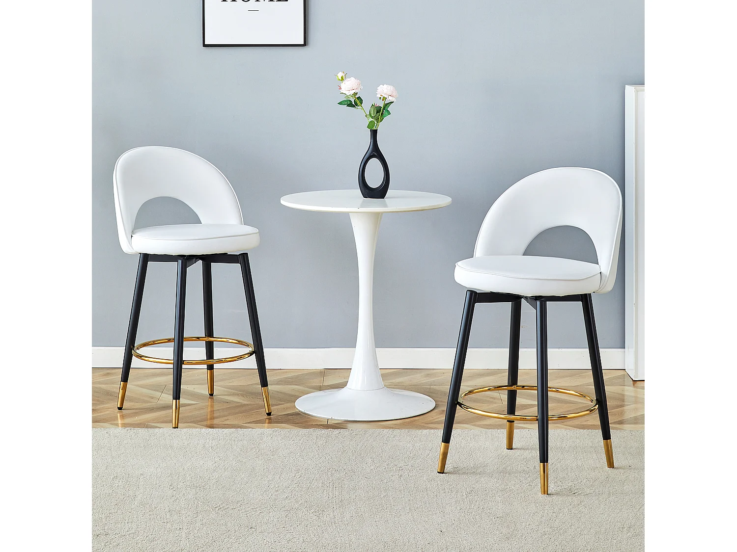 Lot de 2 tabourets de bar - Tabouret de bar pivotant avec dossier et repose-pieds en métal - blanc PU - pour salles à manger et terrasses