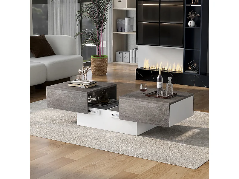 Table basse grise - Table basse avec 2 espaces de rangement et plateau rétractable - pour le salon