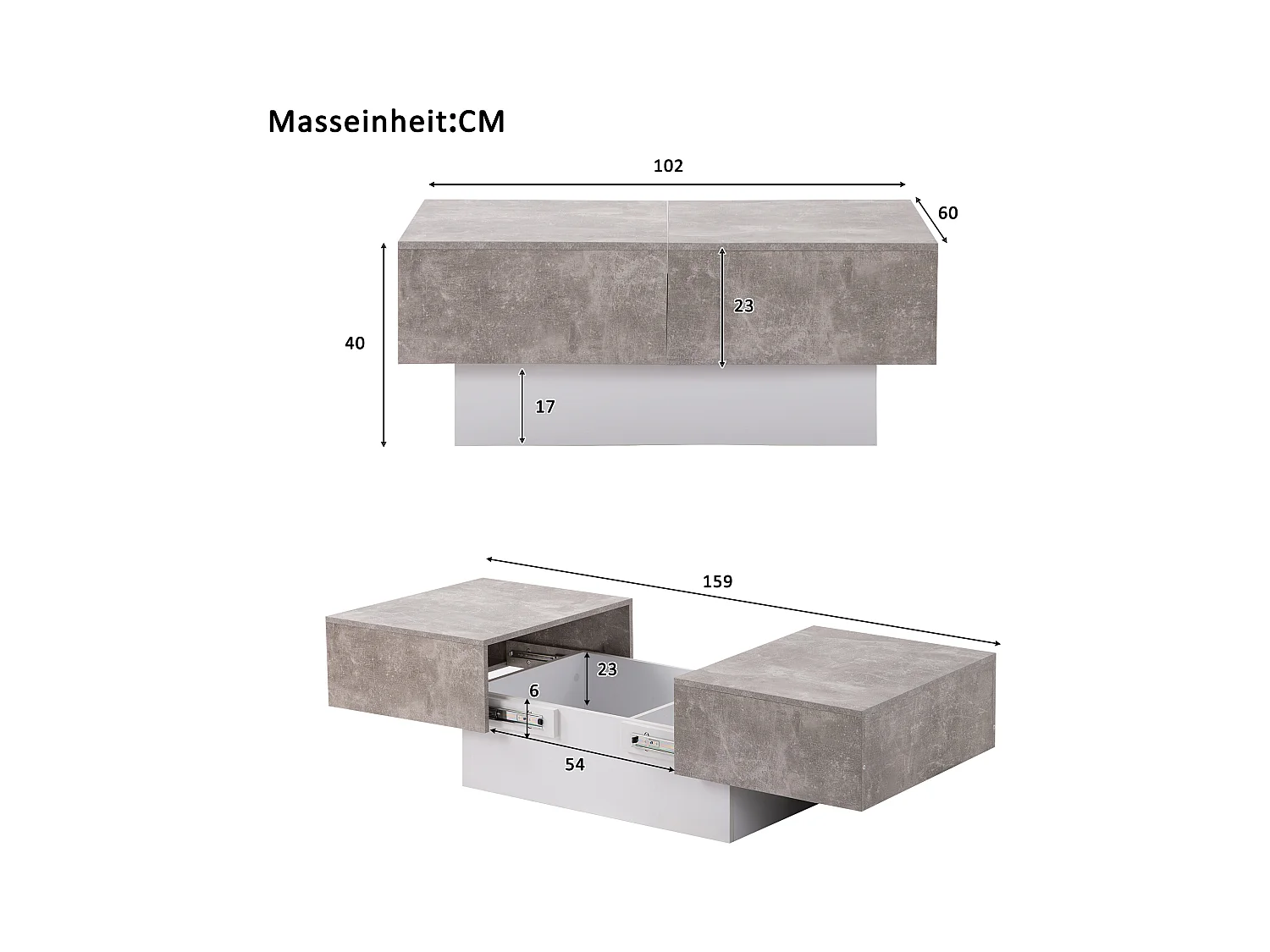 Table basse grise - Table basse avec 2 espaces de rangement et plateau rétractable - pour le salon