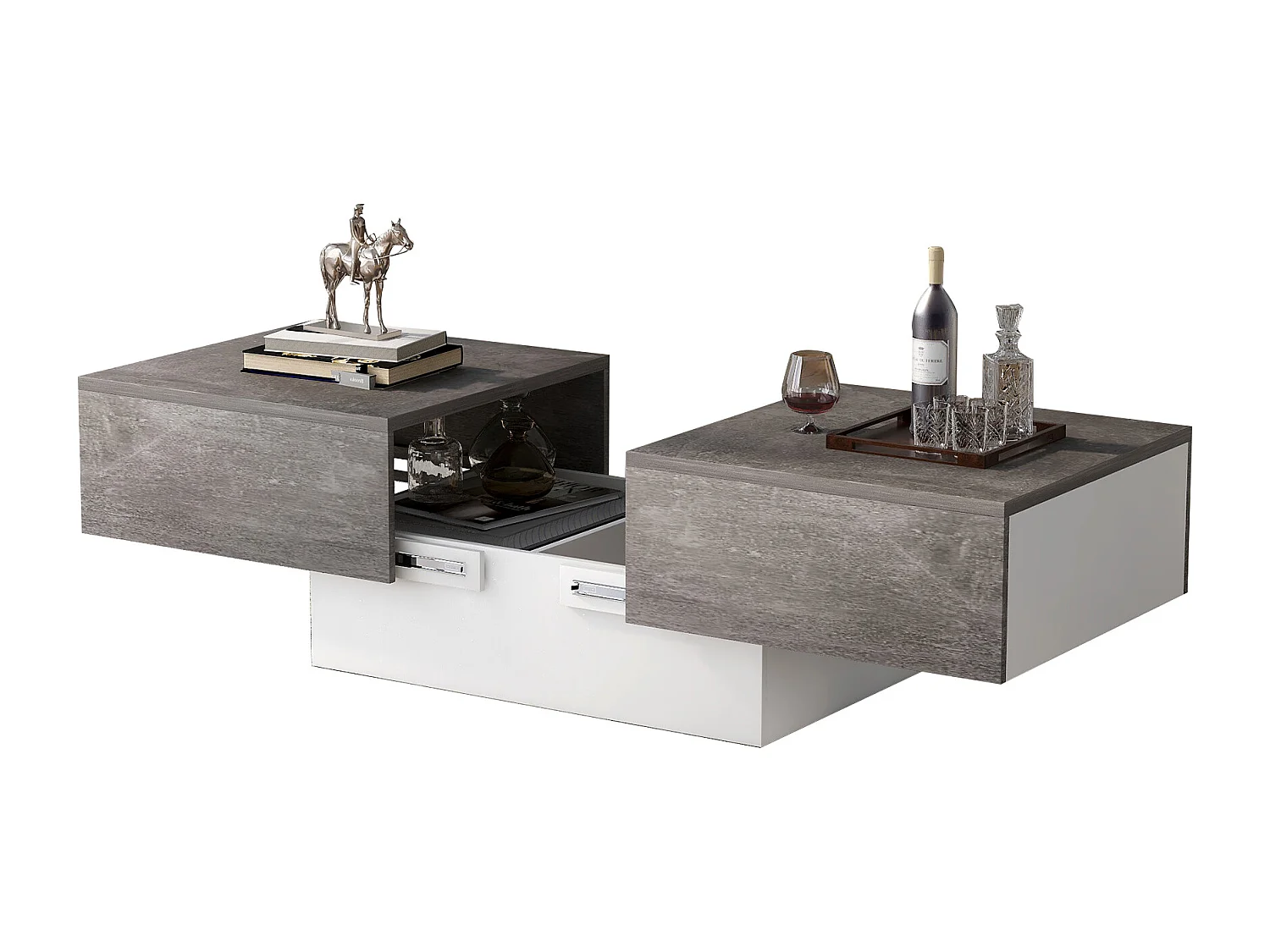 Table basse grise - Table basse avec 2 espaces de rangement et plateau rétractable - pour le salon