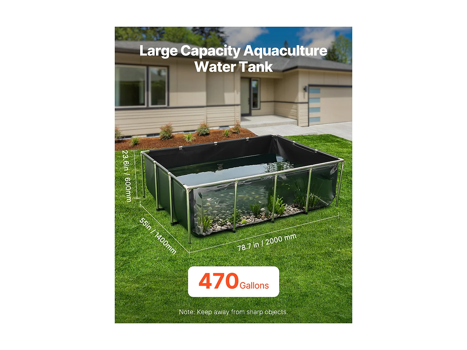Bassin à Poissons SucceBuy en Toile, 1781,3 L, Aquarium à Koï en PVC avec Fenêtre d'Observation, Cadre en Acier Inoxydable et Robinet de Vidange