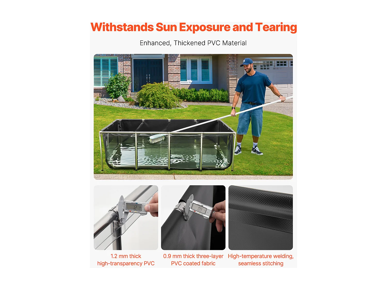 Bassin à Poissons SucceBuy en Toile, 1781,3 L, Aquarium à Koï en PVC avec Fenêtre d'Observation, Cadre en Acier Inoxydable et Robinet de Vidange