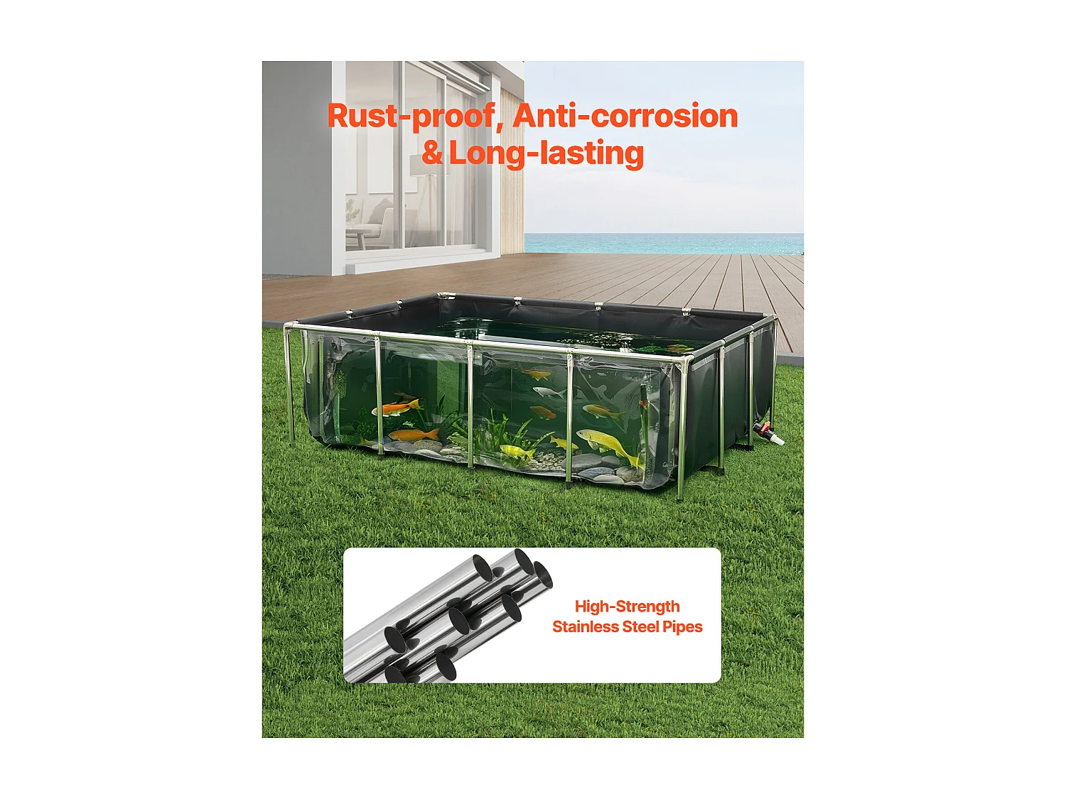 Bassin à Poissons SucceBuy en Toile, 1781,3 L, Aquarium à Koï en PVC avec Fenêtre d'Observation, Cadre en Acier Inoxydable et Robinet de Vidange