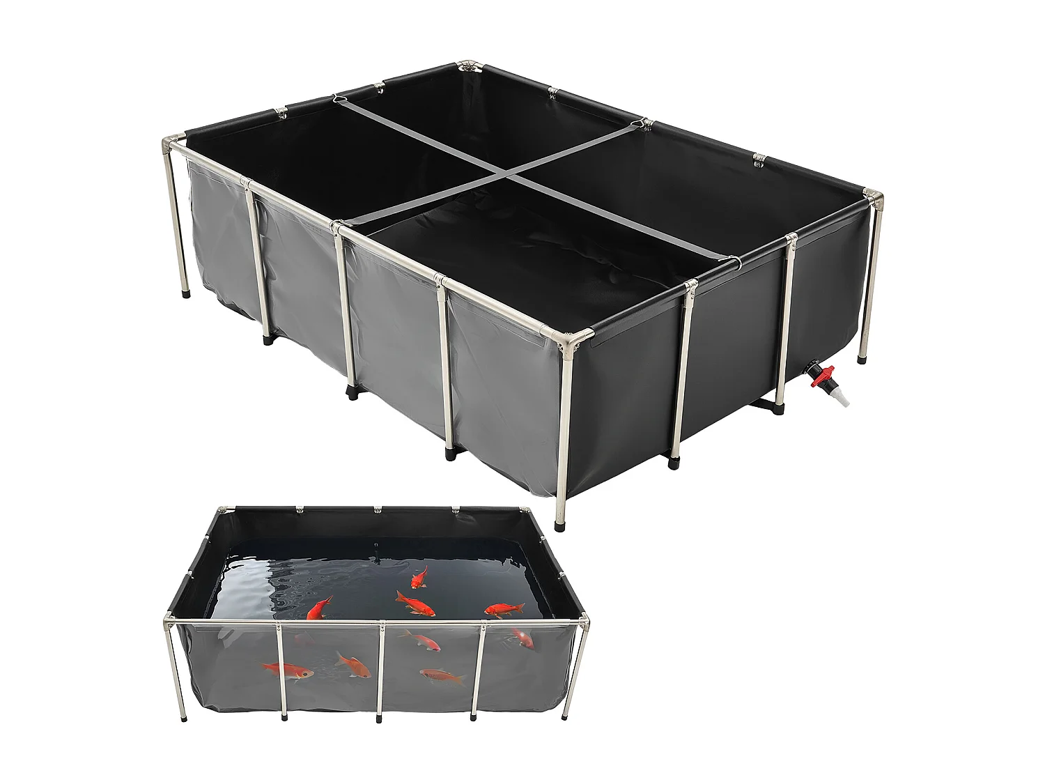 Bassin à Poissons SucceBuy en Toile, 1781,3 L, Aquarium à Koï en PVC avec Fenêtre d'Observation, Cadre en Acier Inoxydable et Robinet de Vidange