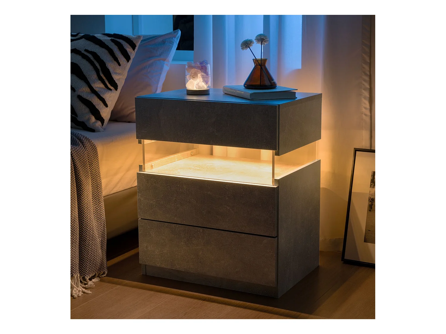 Nachtkastje met 3 lades - Nachtkastje met LED-verlichting en afstandsbediening - grijs - voor slaapkamers en woonkamers