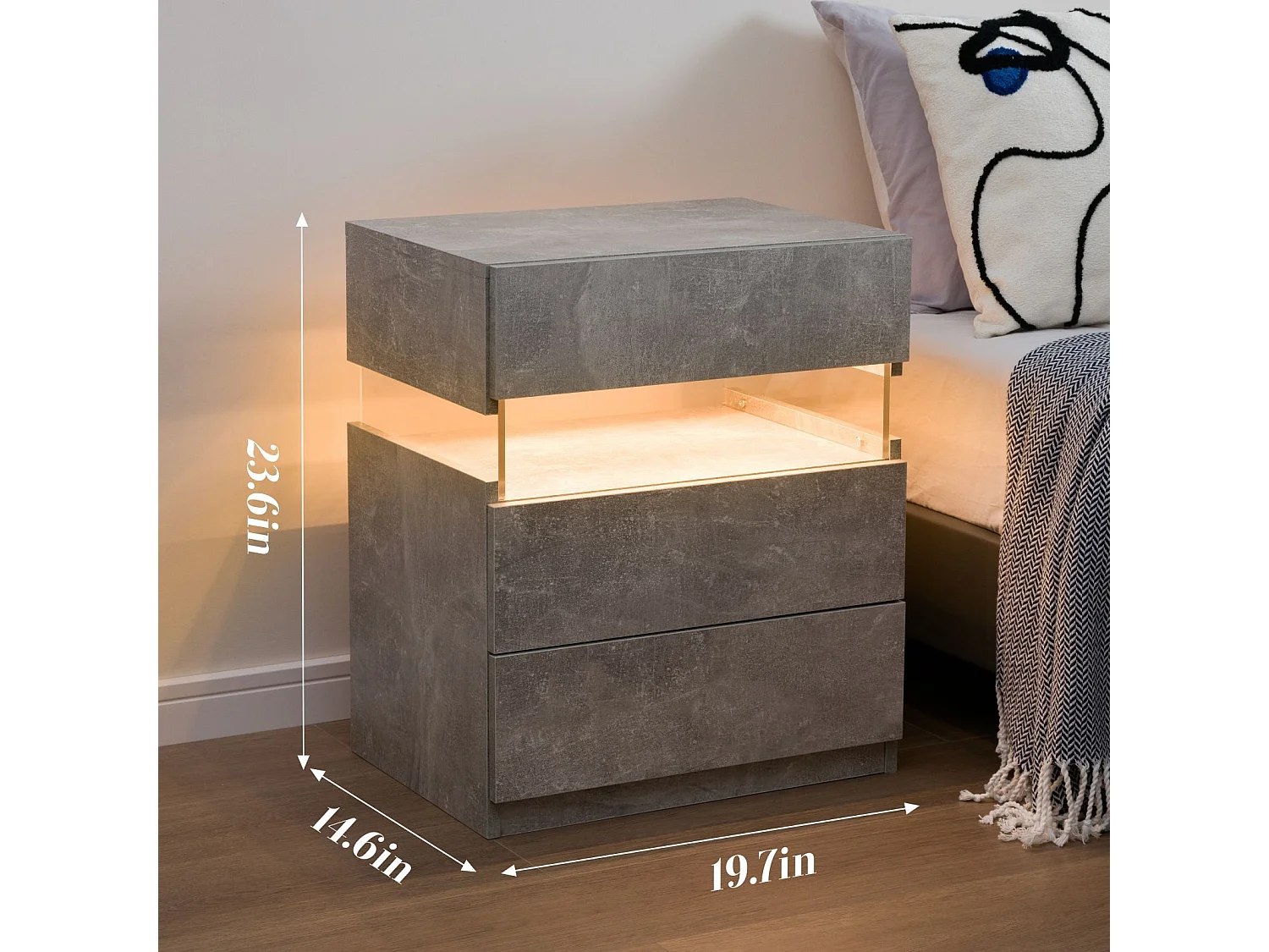 Table de chevet 3 tiroirs - Table de chevet avec éclairage LED et télécommande - gris - pour les chambres et les salons