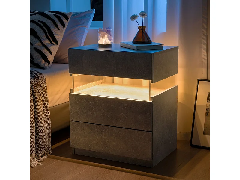 Nachtkastje met 3 lades - Nachtkastje met LED-verlichting en afstandsbediening - grijs - voor slaapkamers en woonkamers
