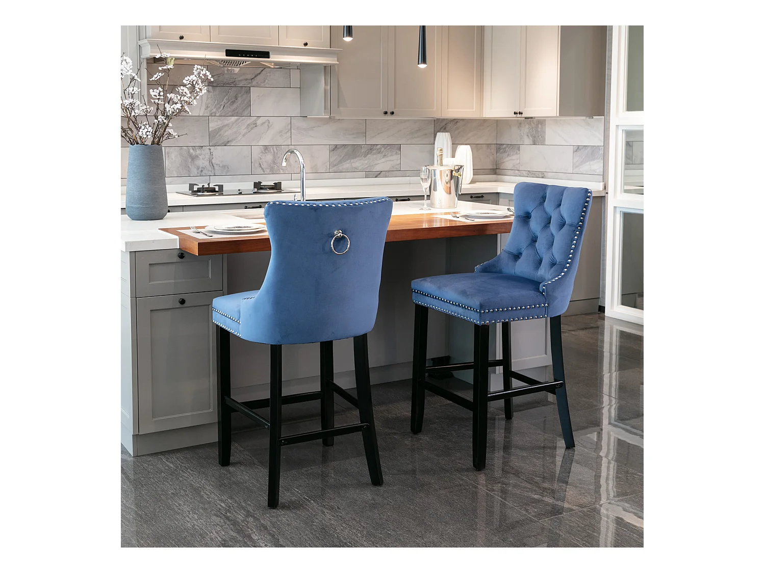 Lot de 2 tabourets de bar - Tabourets de bar avec dossier rembourré et capitonnage à boutons - velours bleu