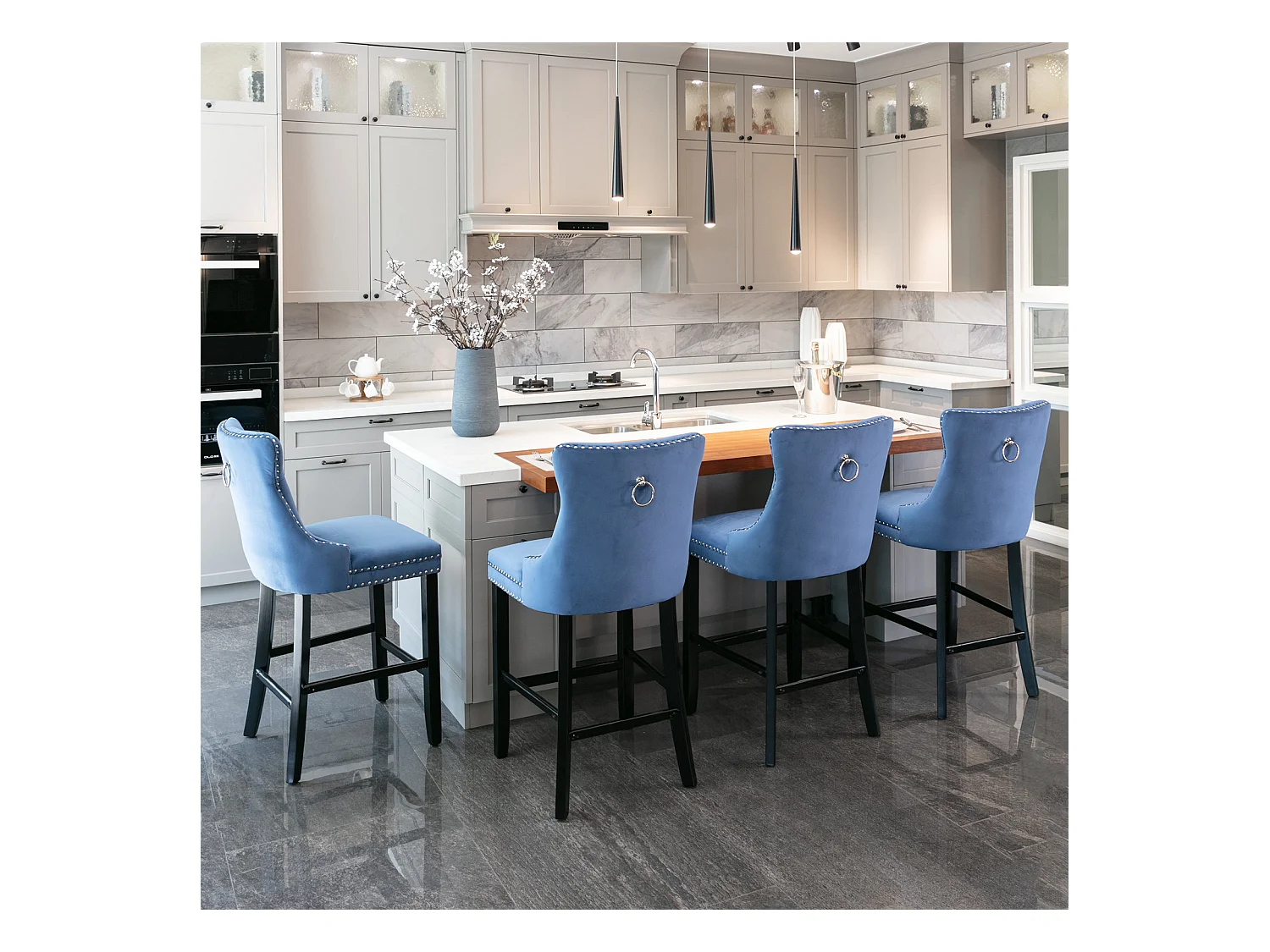 Lot de 2 tabourets de bar - Tabourets de bar avec dossier rembourré et capitonnage à boutons - velours bleu