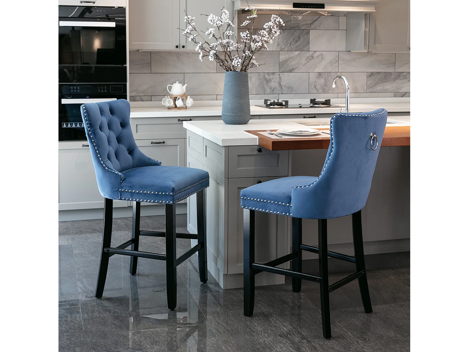 Lot de 2 tabourets de bar - Tabourets de bar avec dossier rembourré et capitonnage à boutons - velours bleu