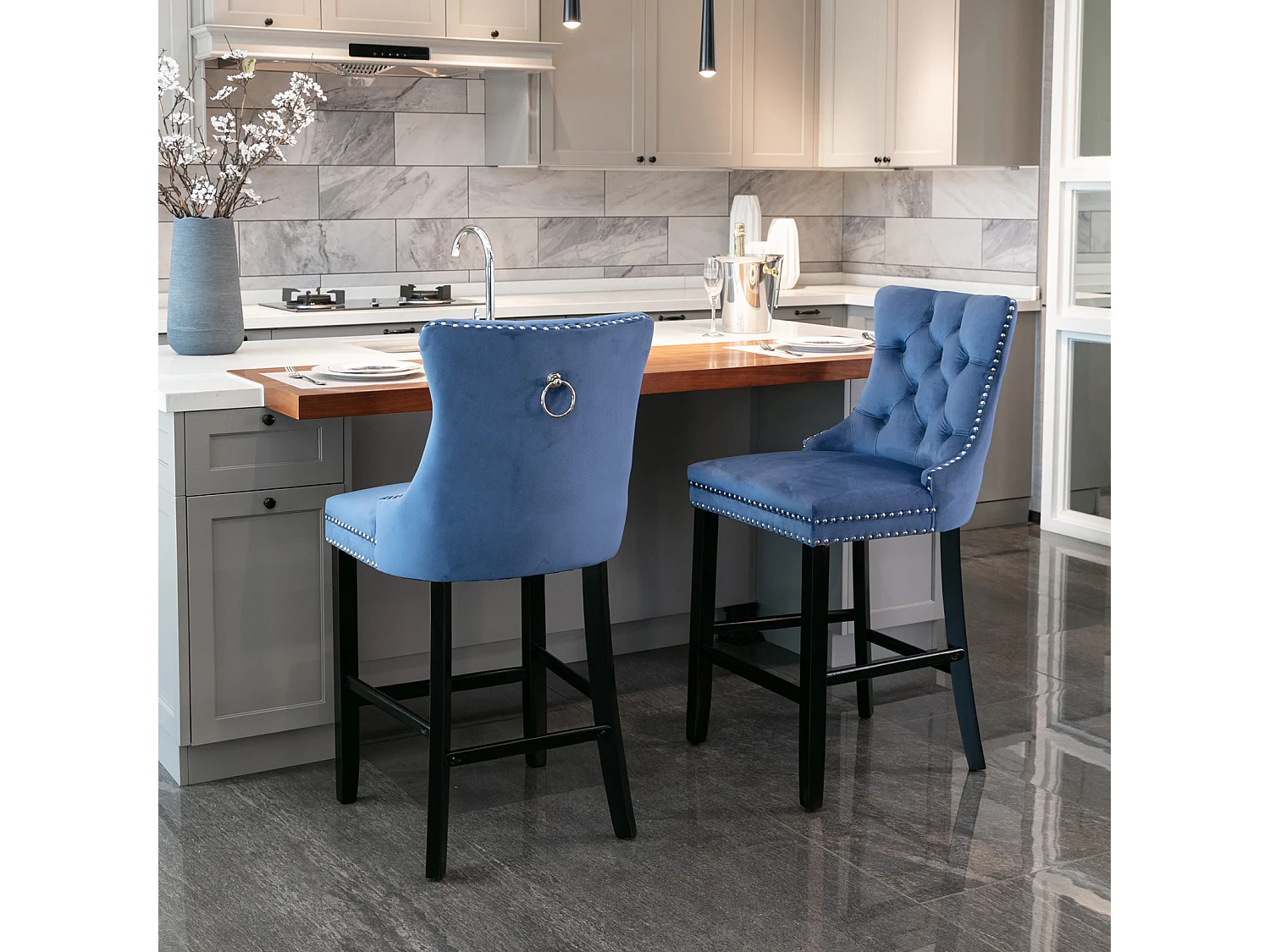 Lot de 2 tabourets de bar - Tabourets de bar avec dossier rembourré et capitonnage à boutons - velours bleu