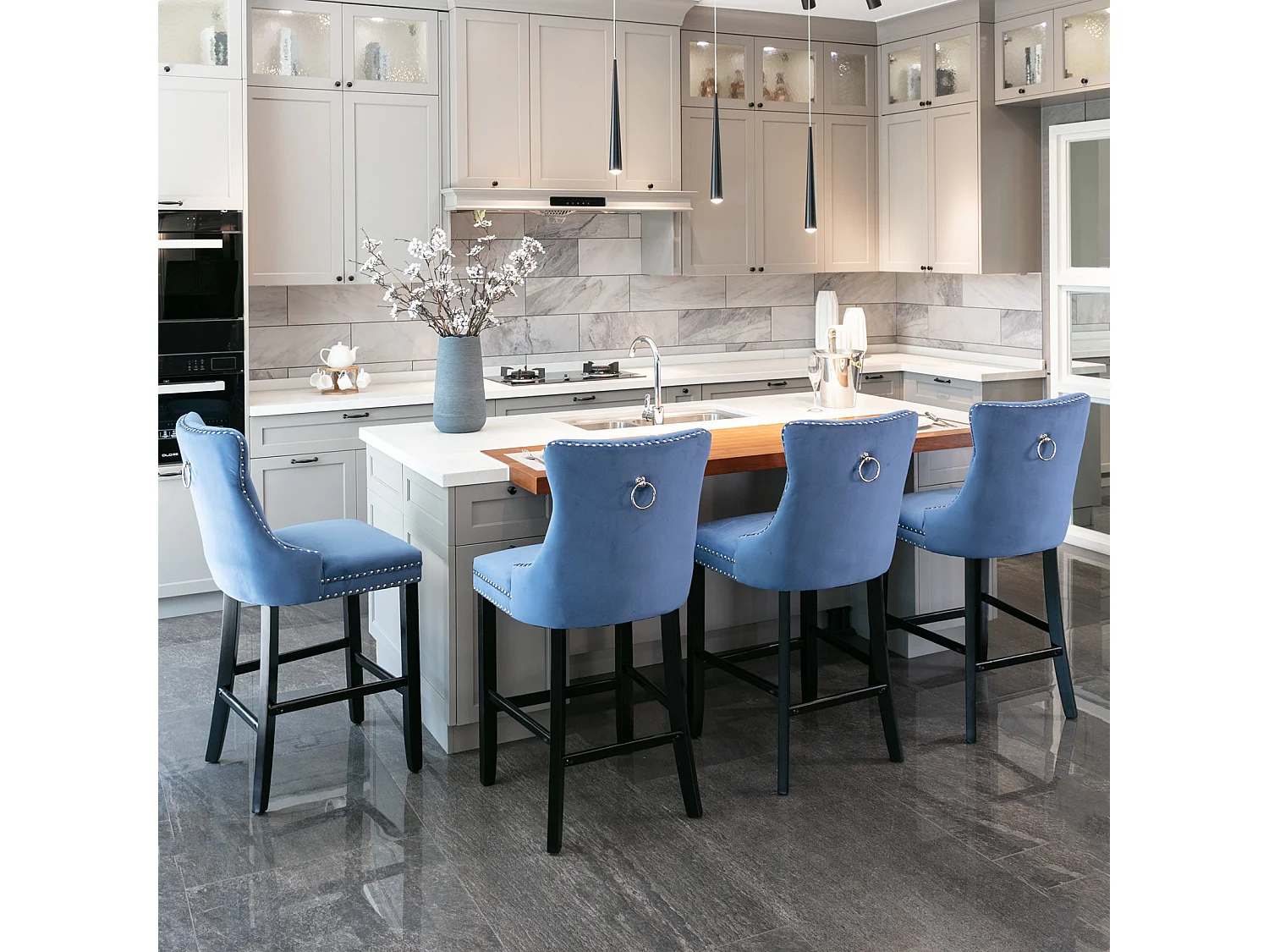 Lot de 2 tabourets de bar - Tabourets de bar avec dossier rembourré et capitonnage à boutons - velours bleu