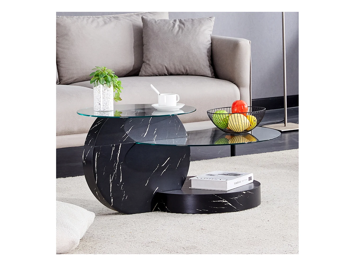Mesa de centro redonda moderna - Mesa de centro con tablero de vidrio y diseño multicapa - negra - para sala de estar