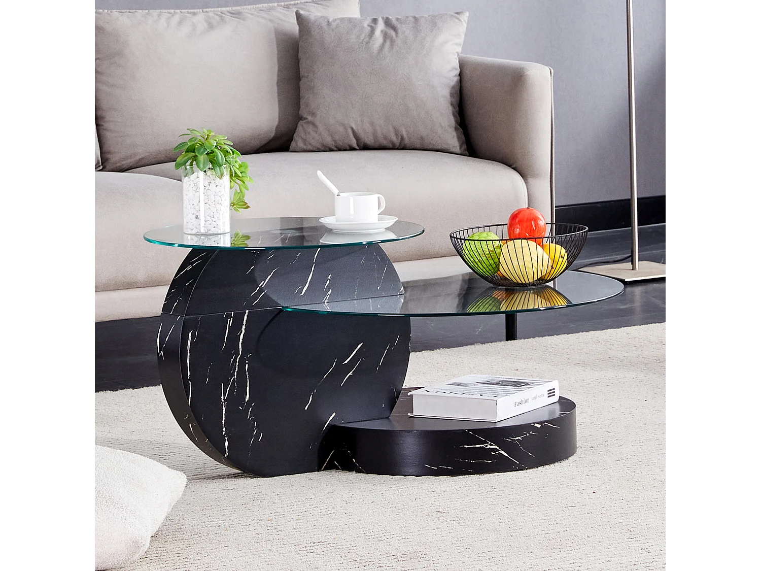 Table basse ronde moderne - Table basse avec plateau en verre et design multicouche - noir - pour salon