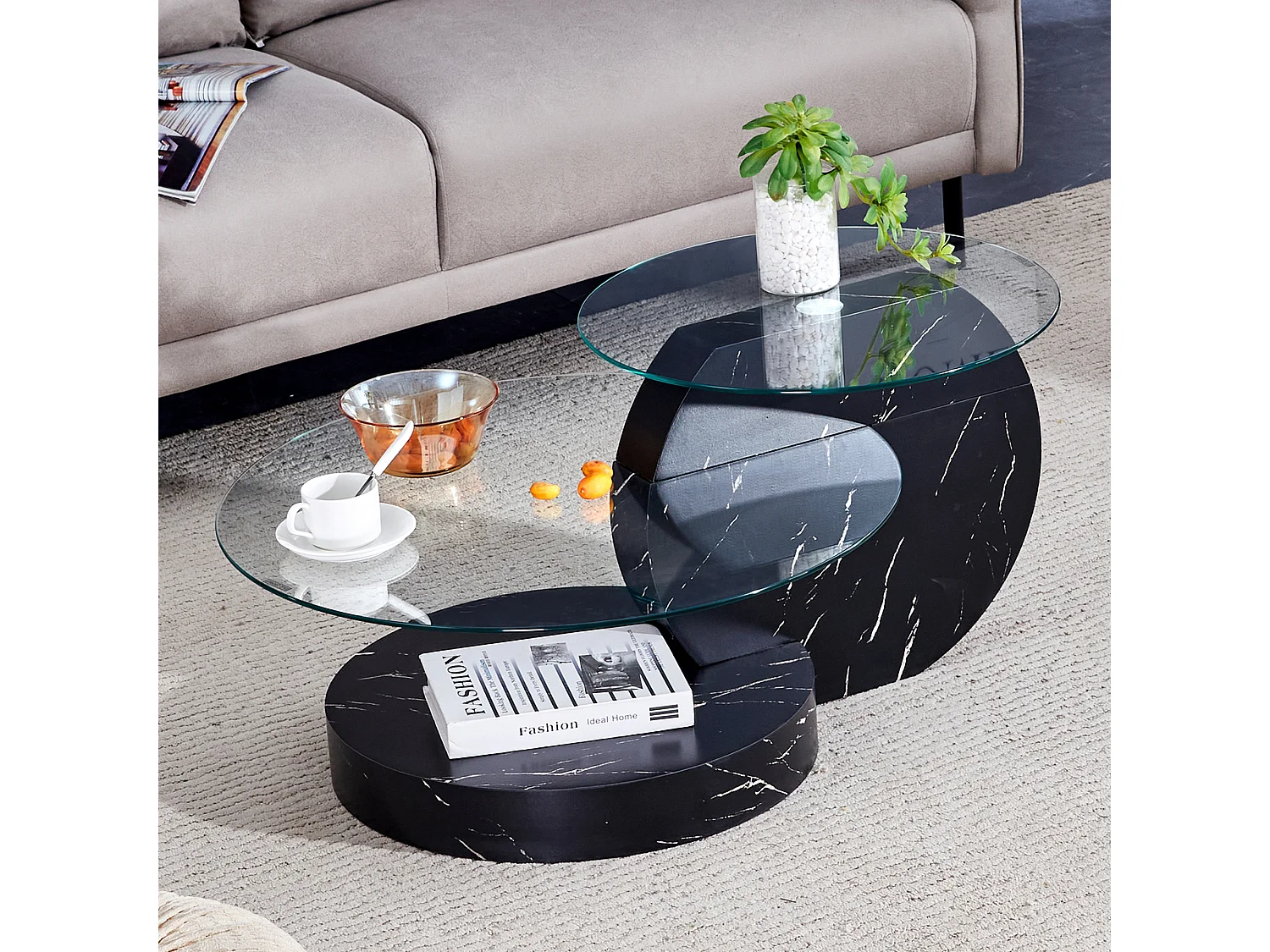 Table basse ronde moderne - Table basse avec plateau en verre et design multicouche - noir - pour salon