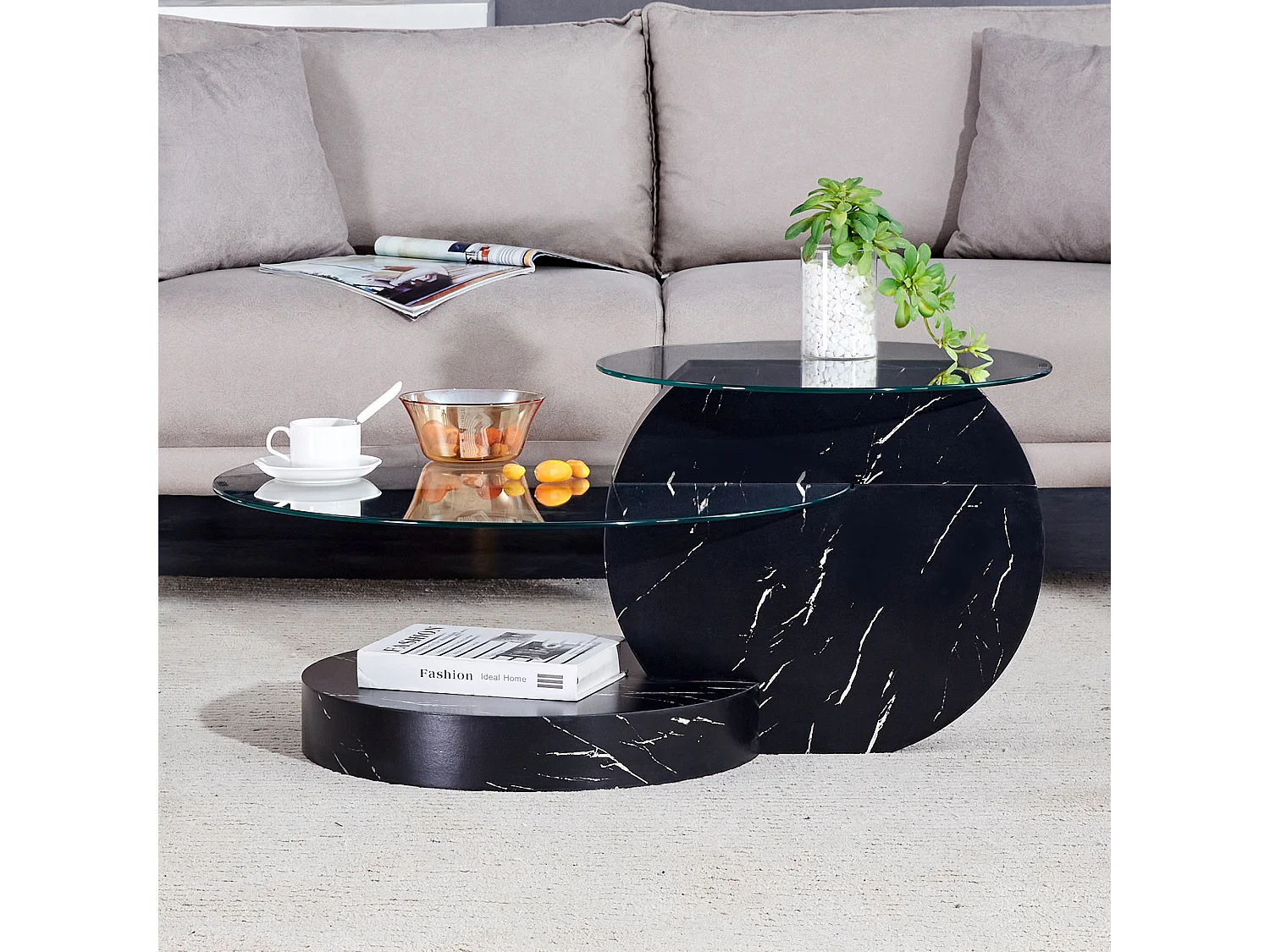 Table basse ronde moderne - Table basse avec plateau en verre et design multicouche - noir - pour salon