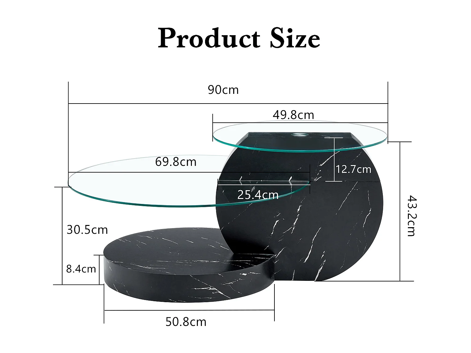 Table basse ronde moderne - Table basse avec plateau en verre et design multicouche - noir - pour salon