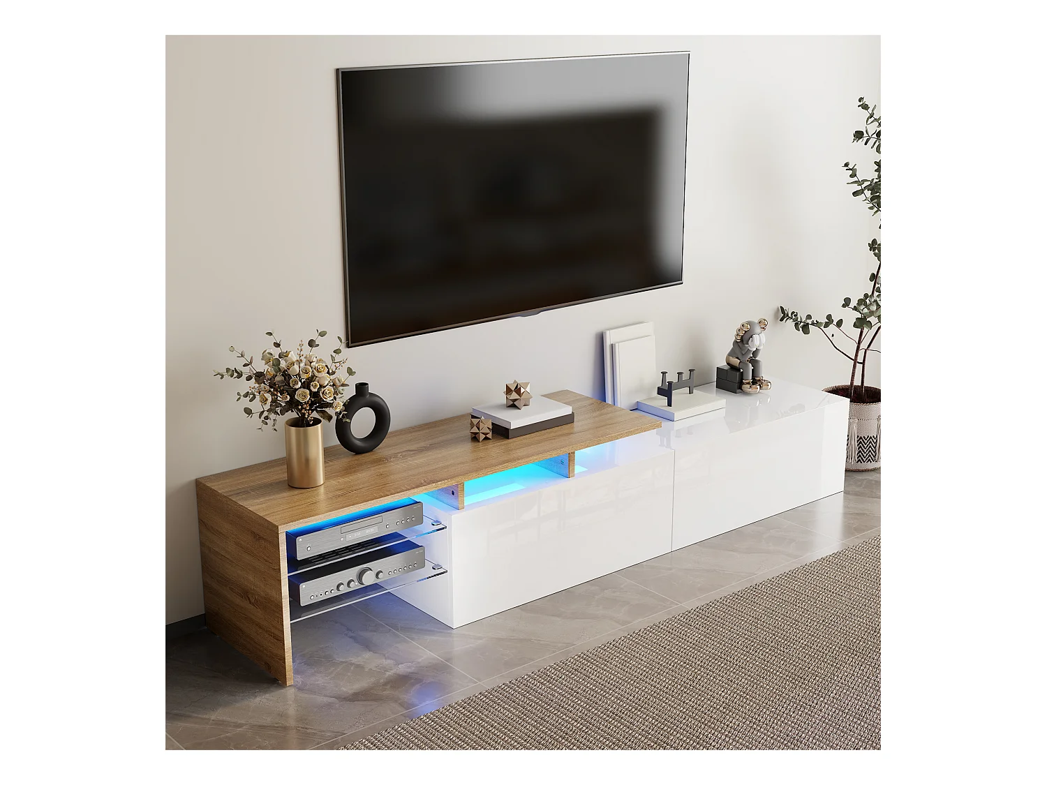 Meuble TV 2 tiroirs - Meuble TV avec éclairage LED et compartiments de rangement - blanc