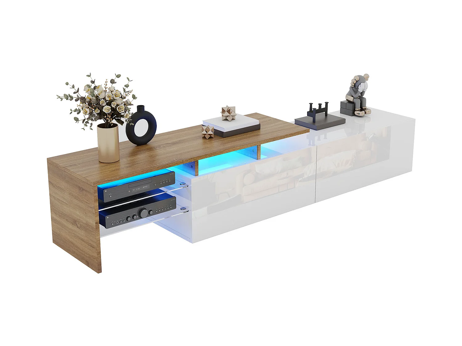 Meuble TV 2 tiroirs - Meuble TV avec éclairage LED et compartiments de rangement - blanc