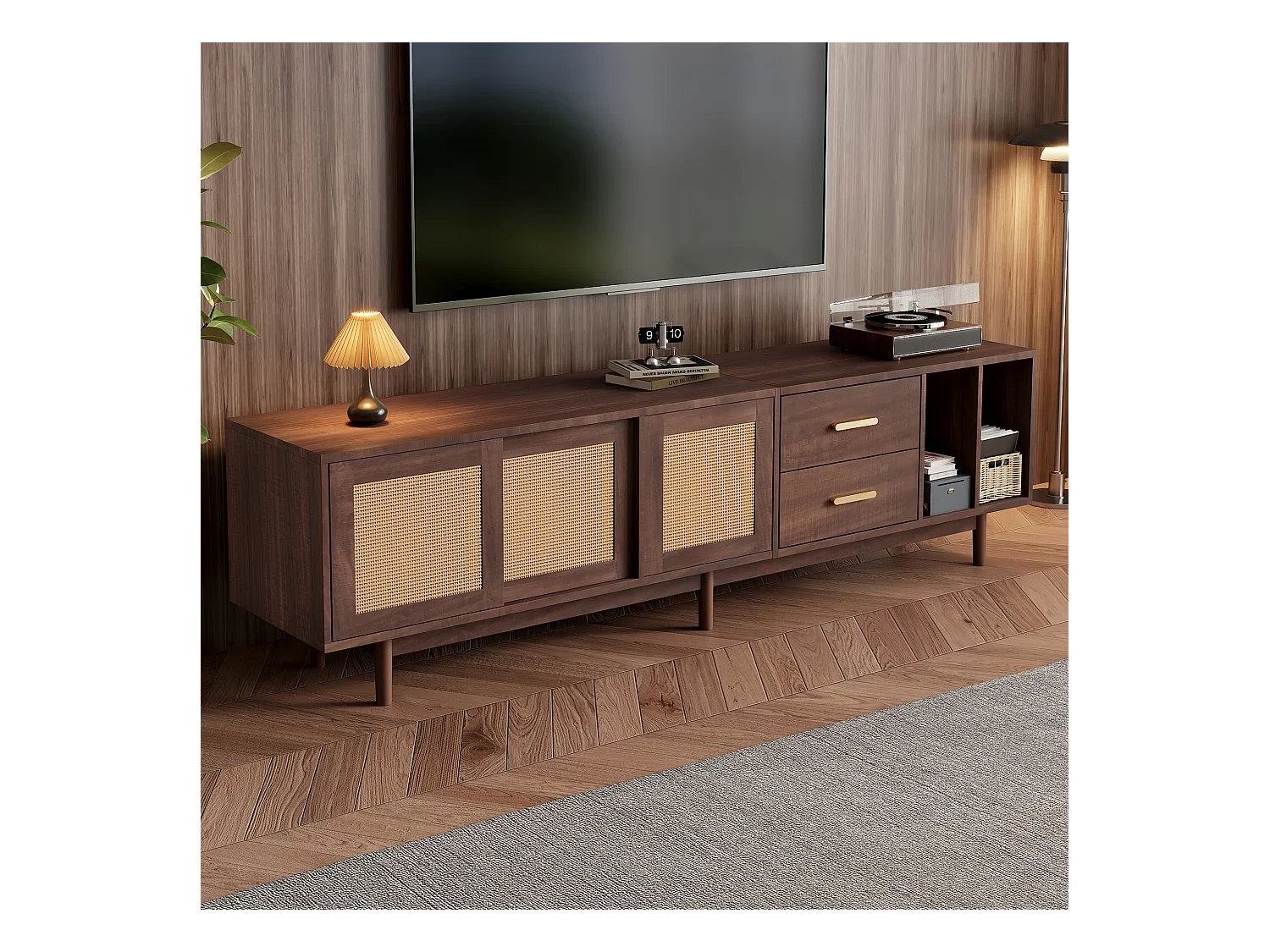 Meuble TV 2 portes et 2 tiroirs - Meuble TV avec 2 rangements ouverts - marron - pour salon