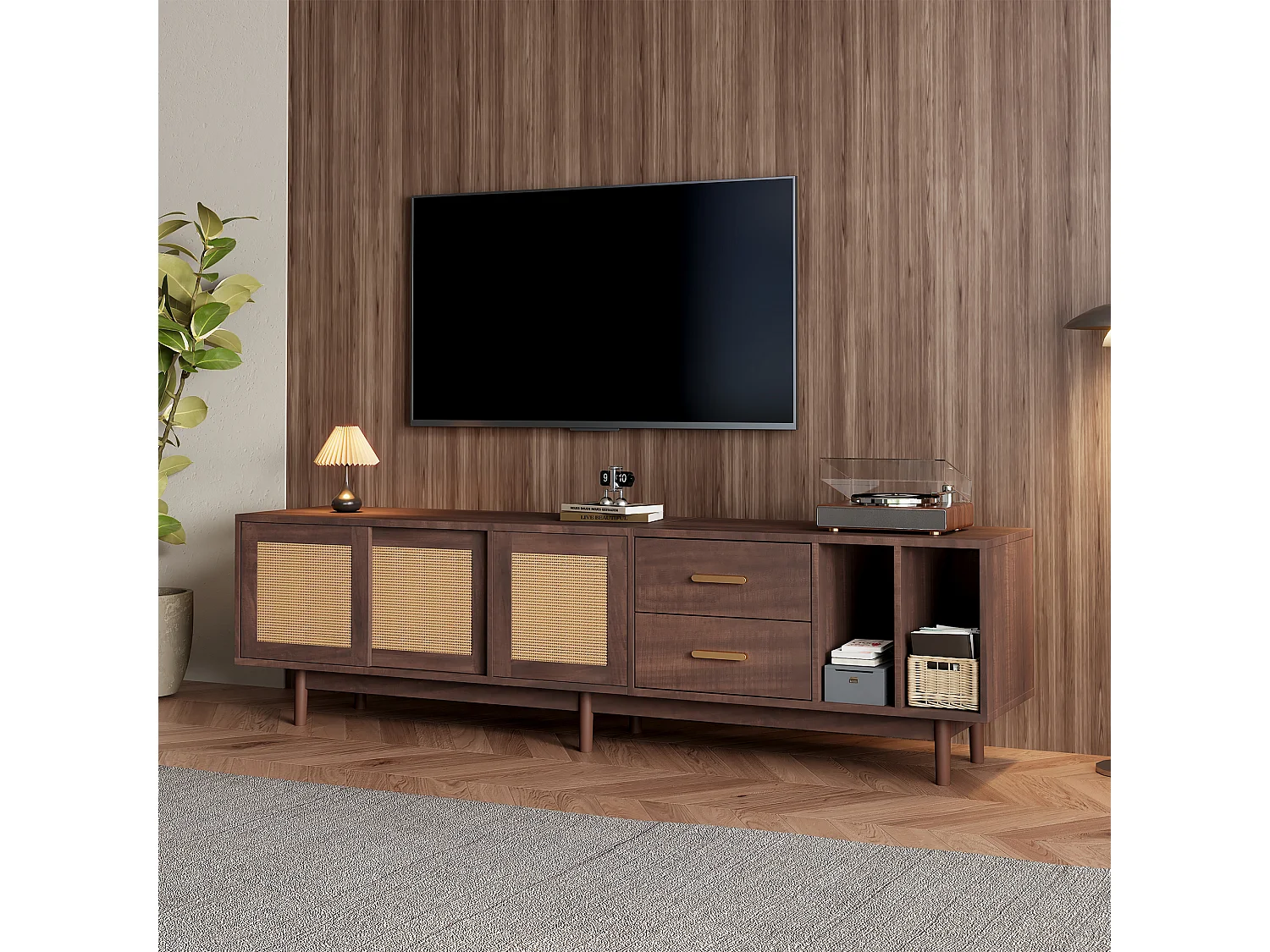 Szafka pod telewizor z 2 drzwiami i 2 szufladami - Szafka pod telewizor z 2 otwartymi schowkami - Brązowa - do salonu