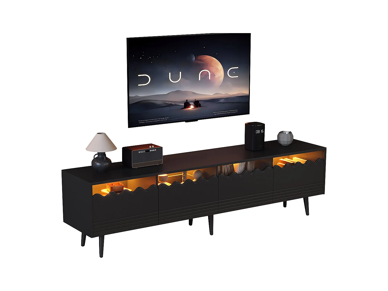 Meuble TV noir à 6 pieds - Meuble TV avec 2 tiroirs et 2 portes - pour salon